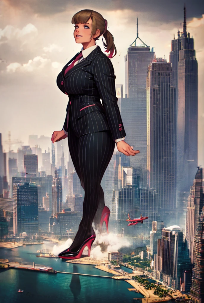 A growing Young adult women beautiful curves a massive thighs blonde hair in a ponytail lipstick wearing a perfect perfect tailored grey pinstriped trouser suit and blazer, crisp white shirt and large broad crimson windsor knot tie,colossal breasts. Platform high heels , standing, giantess art, tie clip, highly detailed giantess shots, giantess, most detailed, perfect face, Two legs, Five fingers, short hair, A girl who is bigger than a skyscraper, standing on very small city new york, skyscarpers at their feet, skyscrapers small, smile, huge breasts, major metropolis, numerous cities, , A very small big city, Miniature metropolis, Full body description, GTS, giga giantess, gigagts, stomping city, crash city, tiny city, micro city, , High resolution, highest quality, masterpiece,  tiny destroyed skyscrapers city, illustration, skyscrapers size of small toys standing behind and very far away from city, (masterpiece, best quality, best shadows, best shading, perfect hands, perfect face, cinematic lighting, colorful, ultra-detailed, beautiful photography, character focus, extremely-detailed, photorealistic, hyper photorealism, atmospheric), ), (giantess, stereotypical office boss), (dirty, filthy, unwashed, sweaty, unkempt, happy, tired, exhausted, annoyed), ((walking, mid stride:1.2, stepping down on:1.2, stomping, crush, rampage)), (black patent Louboutin rounded toe pumps, high heels, platform heels), ((,)), ((long ponytail hair with front bangs)), (high altitude photography, satellite view), (curvy, , heaving bosom, legs), (mega city, urban sprawl, and small towns, buildings, roads), (((cloudy, overcast, clouds and atmosphere partly obscuring the subject:1.2, hazy atmosphere, haze in foreground, wispy clouds))) footprints warzone 