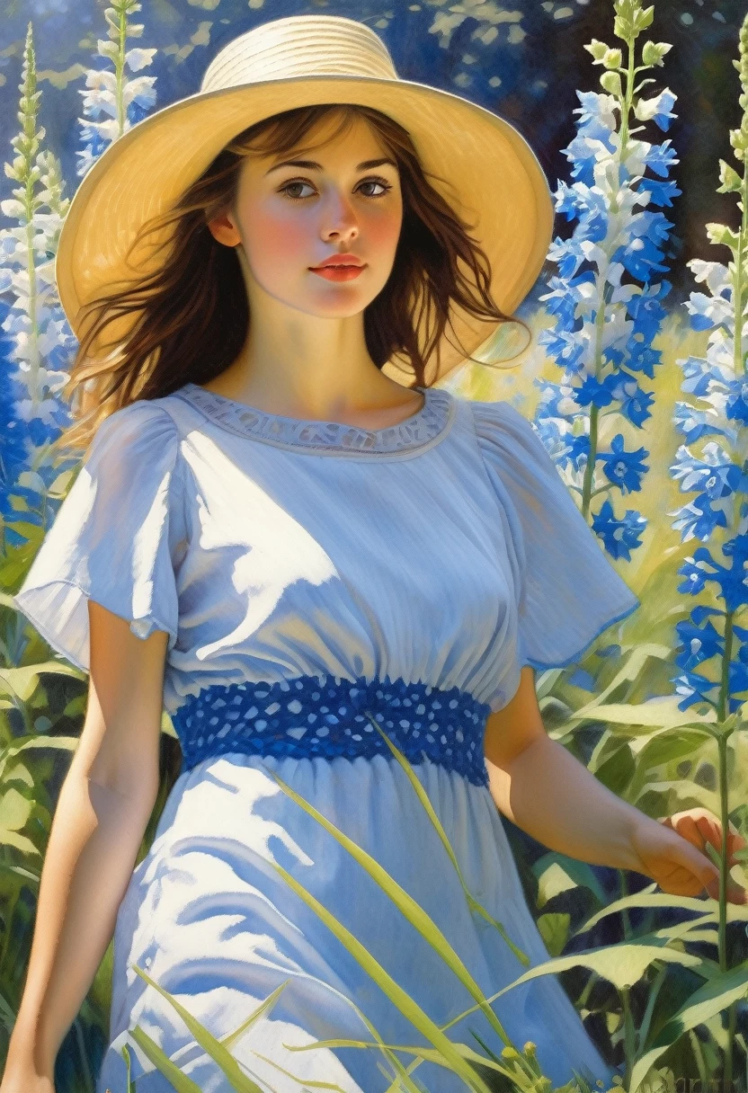 attractive young girl in the thicket of delphinium ((Steve Hanks style)), ((oil painting)), Bright color, ((tmasterpiece)), Impression, Extreme Detail, perspective, 8k