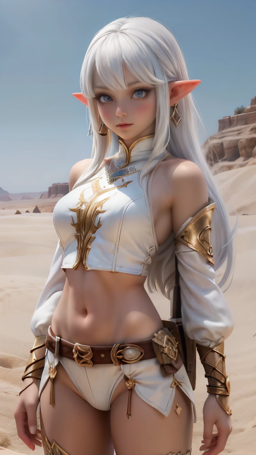 Ariel, upper body portrait, elf, white hair, beautiful, cute arabian clothes, warrior, midriff, fit, white hair, cowboy sho, desert background, realistic fantasy ,concept art