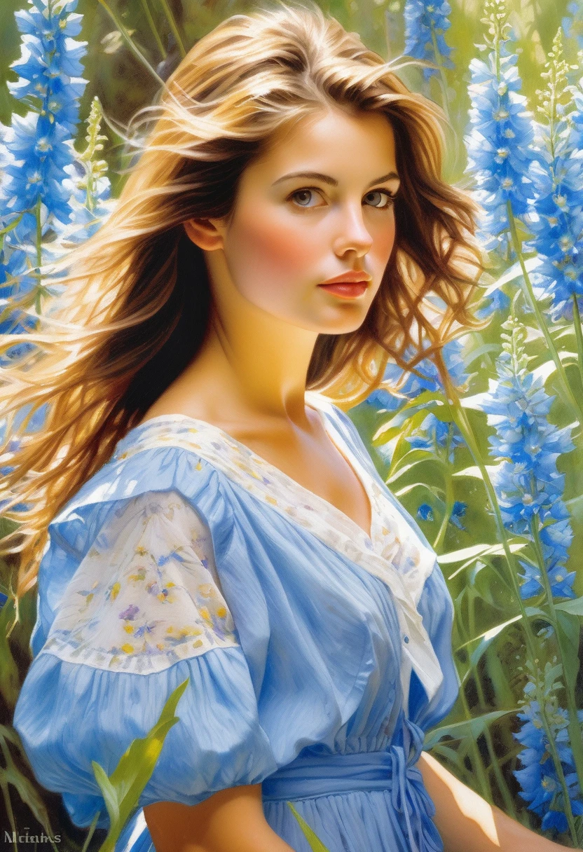 attractive young girl in the thicket of delphinium ((Steve Hanks style)), ((oil painting)), Bright color, ((tmasterpiece)), Impression, Extreme Detail, perspective, 8k