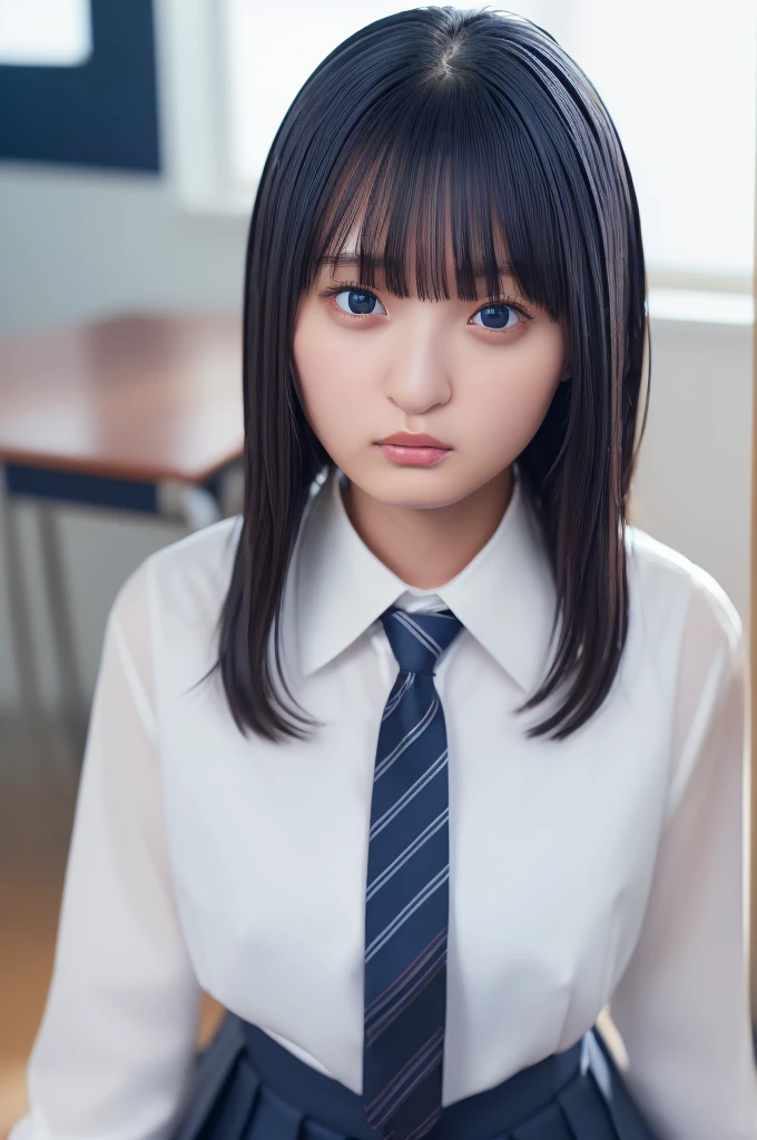 (masterpiece , Highest quality , 8K , Ultra-high resolution , solo , alone , 1 girl , cute girl , portrait:1.3)、(looking at viewer:1.2)、(middle hair with asymmetrical bangs:1.******ung face , baby face:1.2)、(natural makeup:1.2)、(voluptuous thighs , white skin:1.2)、(underage:1.2)、(face focus , expressionless:1.2)、(high school uniform , white collared shirt , dark blue pleated skirt , striped necktie , kneehighs:1.4)、(indoors , classroom , high school , desk , window , sky , sunlight)、 (RAW Photos, Professional photography, Soft Light, Professional Lighting, Backlight)、(beautiful black eyes:1.1)、(from front:1.3)、(upper body shot , standing:1.3)、(clothed:1.3)、(erect nipples:1.1)