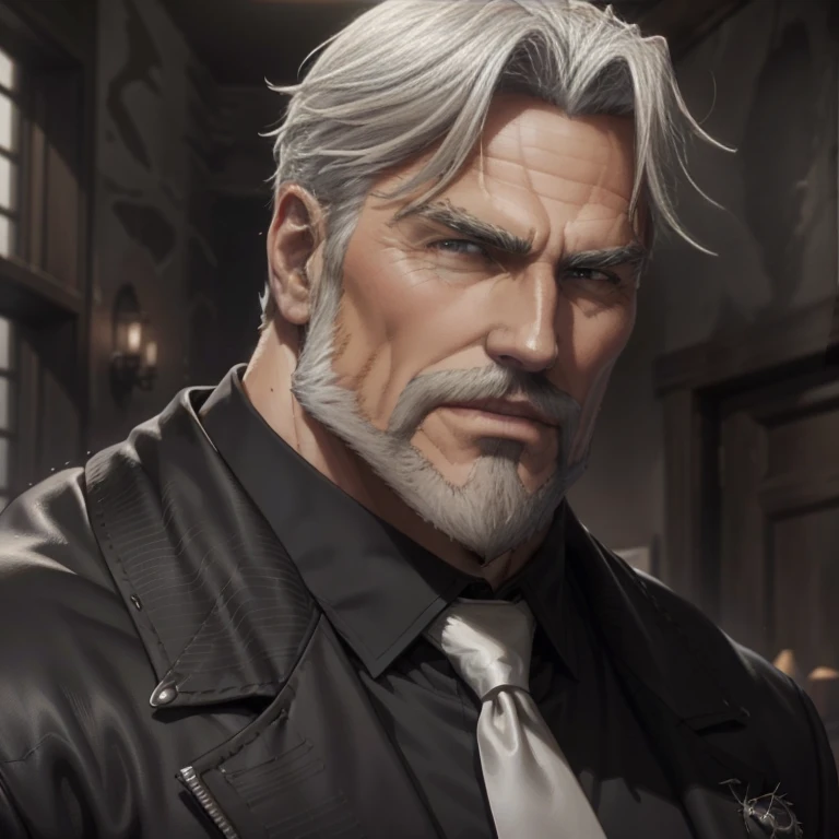 a muscular man, Quiff hairstyle, gray hair, gray mustache, gray beard, venom symbiote, large white spider logo on symbiote, handsome face, detailed eyes, nose and lips, 8k, high quality, photorealistic, dramatic lighting, cinematic