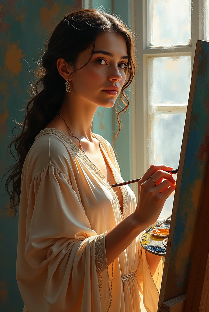 Beautiful atelier、oil painting studio、、A painter is painting a fully nude painting in front of an oil canvas.、oil painting supplies、palette、sunlight is shining through the window、Full nude painting model、have cherry blossoms、highest quality