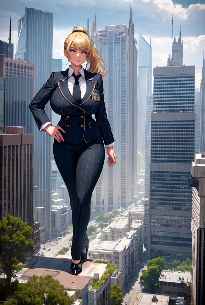 A growing Young adult women beautiful curves a massive thighs blonde hair in a ponytail lipstick wearing a perfect perfect tailored grey pinstriped trouser suit and blazer, crisp white shirt and large broad crimson windsor knot tie,colossal breasts. Platform high heels , standing, giantess art, tie clip, highly detailed giantess shots, giantess, most detailed, perfect face, Two legs, Five fingers, short hair, A girl who is bigger than a skyscraper, standing on very small city new york, skyscarpers at their feet, skyscrapers small, smile, huge breasts, major metropolis, numerous cities, , A very small big city, Miniature metropolis, Full body description, GTS, giga giantess, gigagts, stomping city, crash city, tiny city, micro city, , High resolution, highest quality, masterpiece,  tiny destroyed skyscrapers city, illustration, skyscrapers size of small toys standing behind and very far away from city, (masterpiece, best quality, best shadows, best shading, perfect hands, perfect face, cinematic lighting, colorful, ultra-detailed, beautiful photography, character focus, extremely-detailed, photorealistic, hyper photorealism, atmospheric), ), (giantess, stereotypical office boss), (dirty, filthy, unwashed, sweaty, unkempt, happy, tired, exhausted, annoyed), ((walking, mid stride:1.2, stepping down on:1.2, stomping, crush, rampage)), (black patent Louboutin rounded toe pumps, high heels, platform heels), ((,)), ((long ponytail hair with front bangs)), (high altitude photography, satellite view), (curvy, , heaving bosom, legs), (mega city, urban sprawl, and small towns, buildings, roads), (((cloudy, overcast, clouds and atmosphere partly obscuring the subject:1.2, hazy atmosphere, haze in foreground, wispy clouds))) footprints warzone 