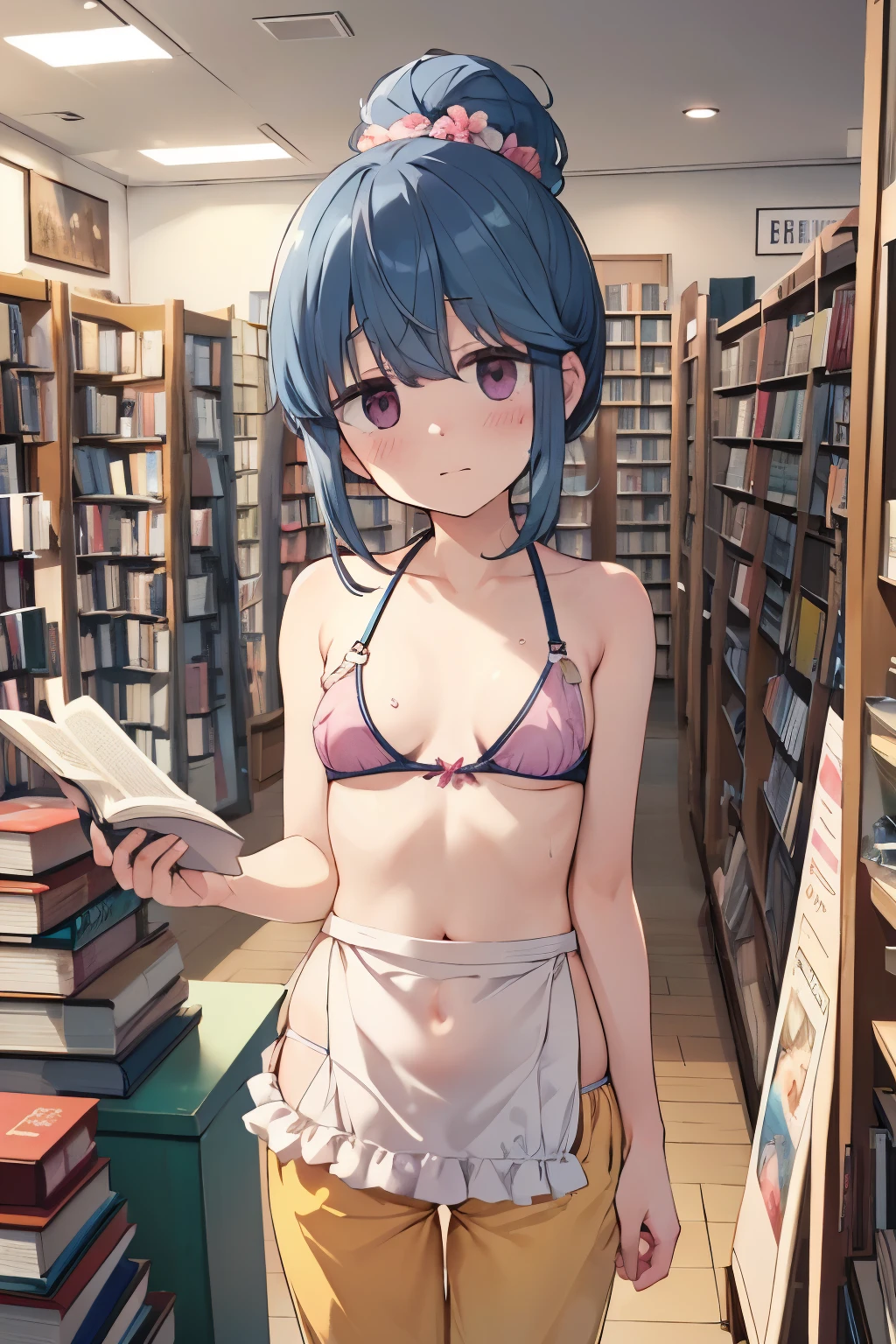 ((((nsfw)))), (((book store))), (((apron))), Close-up of face, bookstore, Hold the book, indoor, Chair, Shima Rin, yuru camp, Shima Rin, ((Waking up, Feeling overlaid)), snore, Taking a nap, Sleep, Wrist pillow, (((Cute sleeping face))),  kawaii, ****, small breast, (Gorgeous floral hair ornament), , , Swim ring,  (((Pink Bikini, Ruffled swimwear bra, Ruffled bikini pants))), Detailed depiction of nipples,  , cute, Sweat, (masterpiece, Highest quality, 8K ultra-high resolution:1.4), Written boundary depth, Focus of the film, From a dramatic angle, Emotional composition, Emotional engine full throttle BREAK Young and cute, Slender body, Flat Chest, Provocative, ((Embarrassed face)), Expressions of affection, Highly detailed glossy skin,Sweat,  topless, Exposed breasts, Shorts, Wet and shiny thighs,
ultra detailed crystal eyes, Eyes like shining jewels