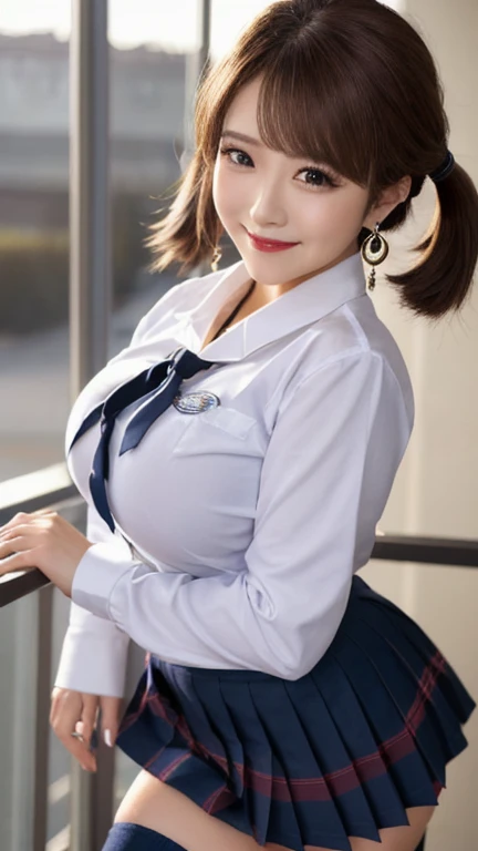 ((Best Quality, 8K, Masterpiece: 1.3)), 1girl, shiny skin, sharp, Perfect Body Beauty, realistic shaded perfect body, (JK school uniform:1.3), (Japanese high school girl:1.2)(Uniform bow tie:1.3)(dynamicposes)、(white shirt:1.2), pantie shot, ("skirt , no panties":1.3) , cleavage , (big breasts:1.5) , (cleavage:1.5), thigh , small face