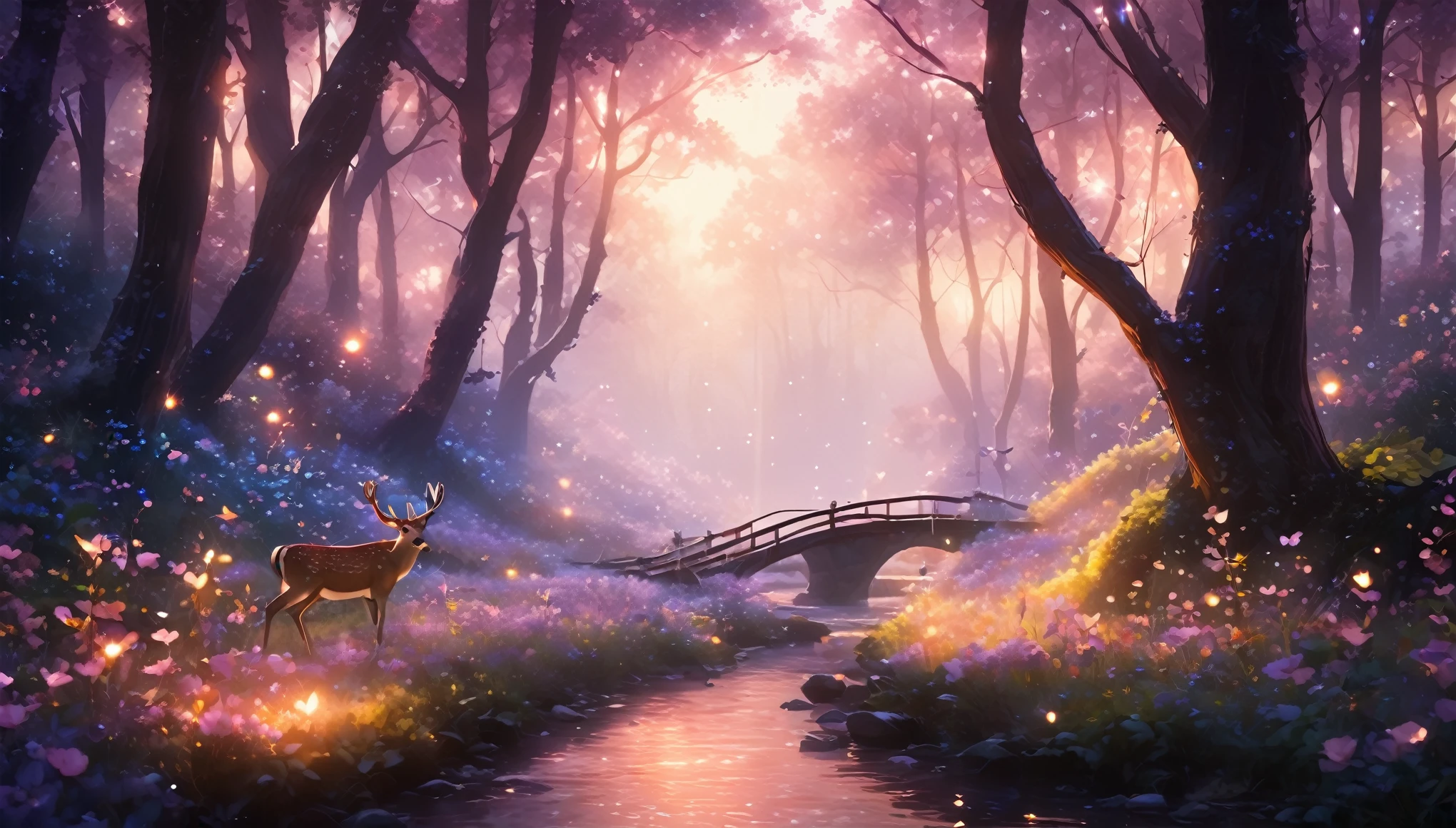 A magical forest illuminated by a warm, golden light that descends from above. The trees are tall and majestic, with leaves in shades of purple and pink that blend with the dark green foliage. on the floor, Tiny bright flowers and luminous mushrooms adorn the paths that meander alongside a crystal-clear stream that reflects the sky. Butterflies and little lights float in the air, as a lone deer appears in the distance, just before a bridge that crosses the stream. The atmosphere is serene and dreamy., with a touch of fantasy mística     Un bosque encantado al amanecer, where rays of golden light pass through the tall, leafy trees. Butterflies shine and float in the air, filling the scene with vibrant colors like oranges, rose, and blue. The ground is covered with wild flowers and lush vegetation., with little magical lights that seem to dance between the leaves. The atmosphere is magical and serene, with a touch of fantasy, where nature seems to come alive in a moment of peace and pure beauty