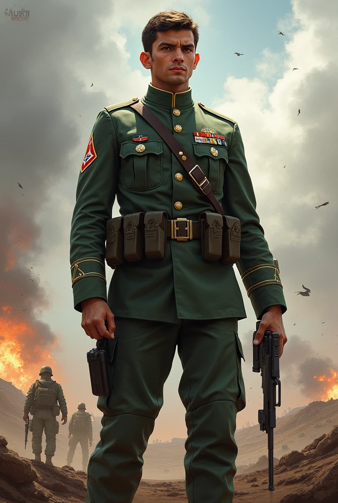 Michiel Huisman as a Mercenary standing on a pile of missiles in a battlefield with a M4 in hand, Michiel Huisman, pile of missiles, M4 rifle, battlefield