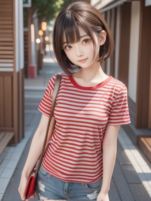 Red eyes, girl, I have a wallet, A red striped shirt with thick stripes, Red eyesが赤く光る, Tilt your head, Short brown hair、mushroom head, With a bright smile on his face, Character, Second Dimension, Golden flowers with a line of light overhead々standing between