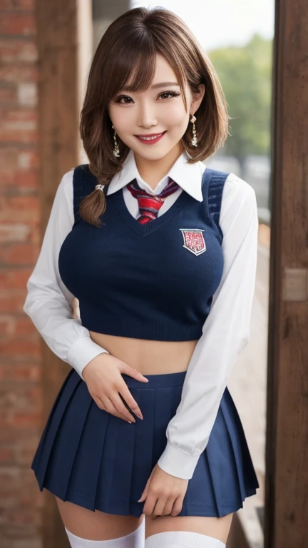 muste piece, best quality, illustration, Super detailed, fine details, High resolution, 8K,wall paper, perfect dynamic composition,(Details High quality, realistic depiction of eyes:1.3), High School Classroom、High school girl uniform、Cardigan、Super Short Check Uniform Skirt、Navy blue high socks、garterbelts、Colossal tits、Disturbed uniform、short bob hair, black hair color, Big Natural Color Lip, bold sexy pose, (perfect body shape), crying a little、Harajuku style、20 year old girl、cute type, beautiful legs, hposing Gravure Idol, Voluptuous thighs