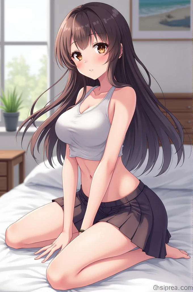 (Best quality:1.3), nakano miku, brown long hair, hair between eyes, tight tank top, cleavage, large round breasts, smiling, crotch, panties, (blushing:1.3), spread legs, bedroom background, (from below view)