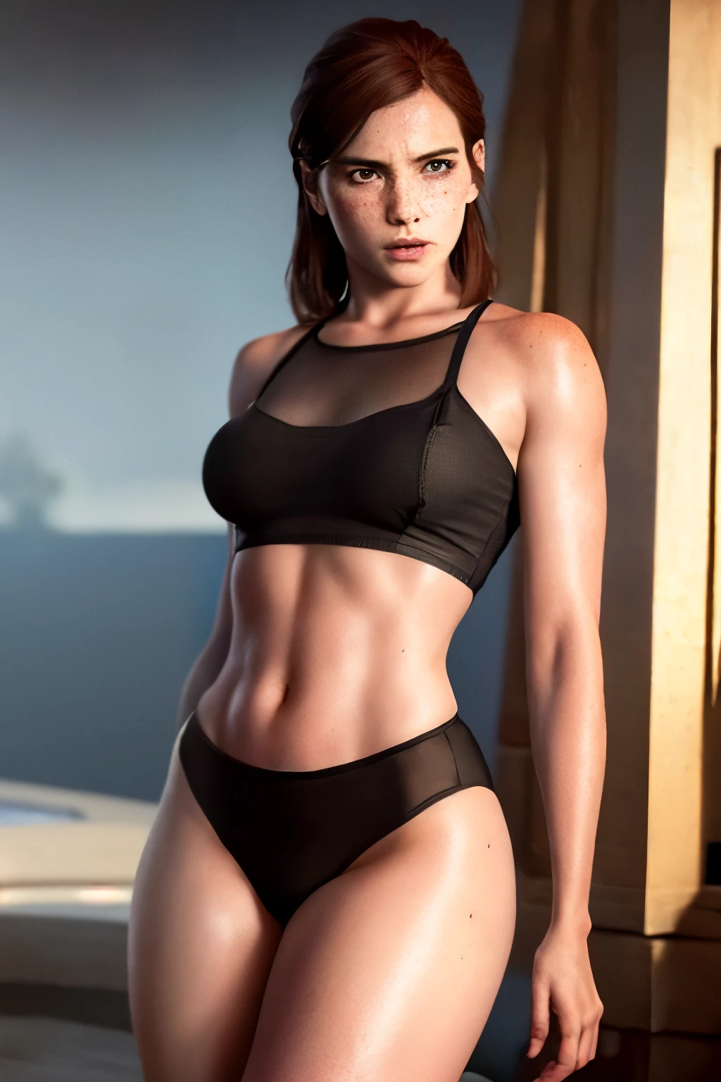 ultra realistic cg, picture-perfect face, flawless, masterpiece, professional artwork, famous artwork, dark lighting, cinematic bloom, perfect face, beautiful face, beautiful eyes, 1girl  , , rude, , erotic, angry look, looking at viewer, ((biting lips)), lip bite, , bare shoulder, solo, standing, sexy pose, busty, wearing black lingerie, sharp jaw, (((hollow cheeks))), ((very thin waist)), ((very slim waist))athletic, , (redhead), ((freckles)), pool, daytime, wet, sunny, NSFW, Nude, naked, exposed breasts, exposed vagina, NSFW, Nude, naked, exposed breasts, exposed vagina,  breasts