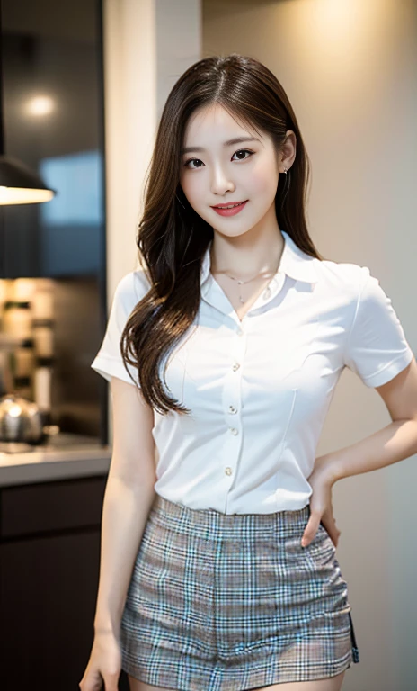 (A stunning Korean lady at night, kitchen, wearing a white short-sleeve blouse, plaid tie, plaid skirt, youthful charms, smooth complexion, beautiful detailed face, beautiful detailed eyes and lips, long eyelashes, slender figure, perfect body proportion, friendly expression, cute dimples, kind smile, short hair, side ponytail, a confident & poised demeanor. 

Blurred background, Bokeh effect. (best quality,4k,8k,highres,masterpiece:1.2),ultra-detailed,(realistic,photorealistic,photo-realistic:1.37),HDR,UHD,studio lighting,ultra-fine painting,sharp focus,physically-based rendering,extreme detail description,professional,vivid colors,bokeh, SFW, Safe for Work, cowboy shot, head to knee,)