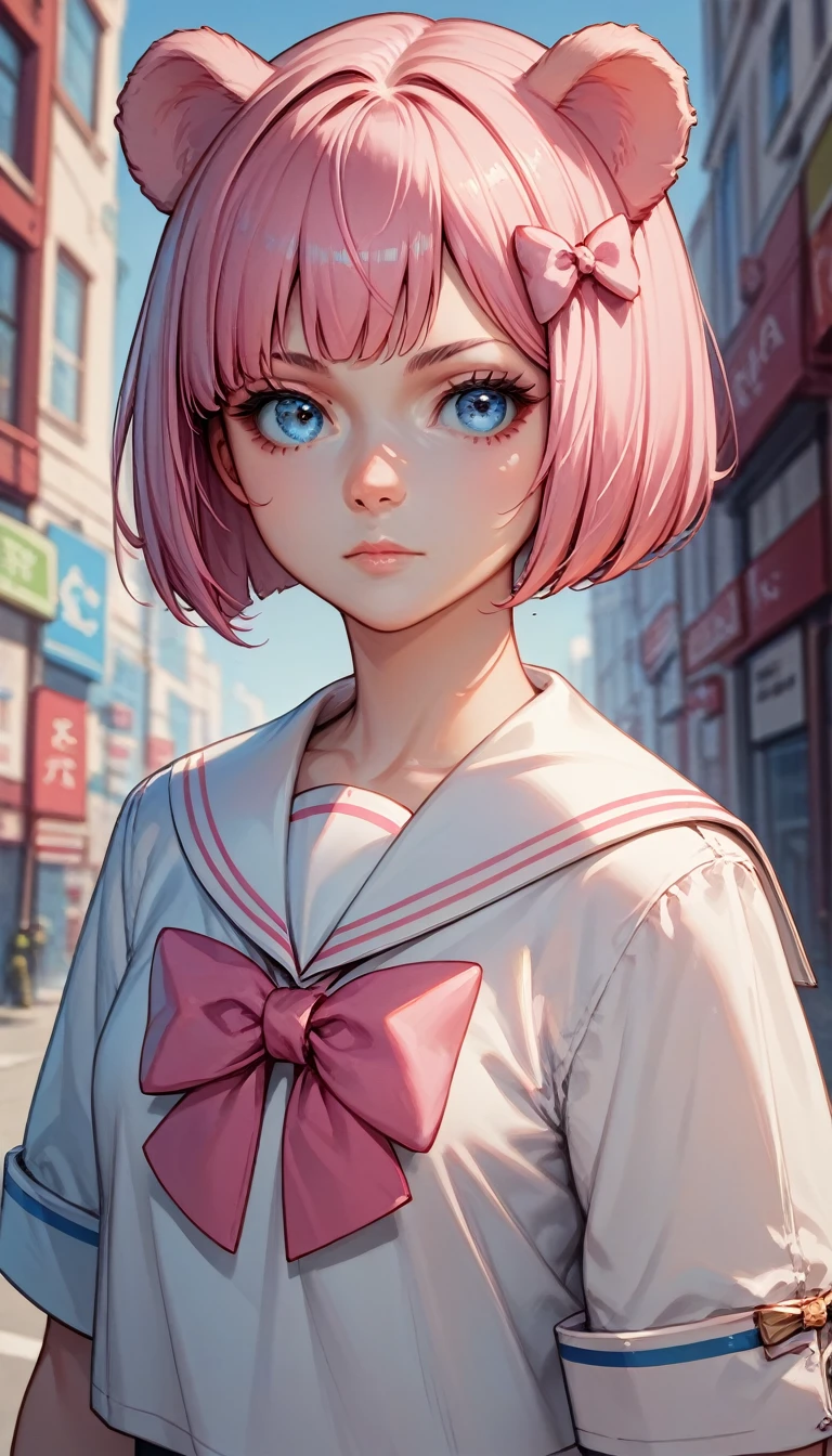 ski style, 1 girl, Alone, pink hair, animal ears, blue eyes, Alas, looking at the viewer, hits, short hair, bow, sailor collar, white sailor collar, hair bow, pink bow, Closed mouth, shirt, white shirt, bear ears, bob cut, mini Alas, portrait, detached Alas, make up, Upper part of the body, City in the background