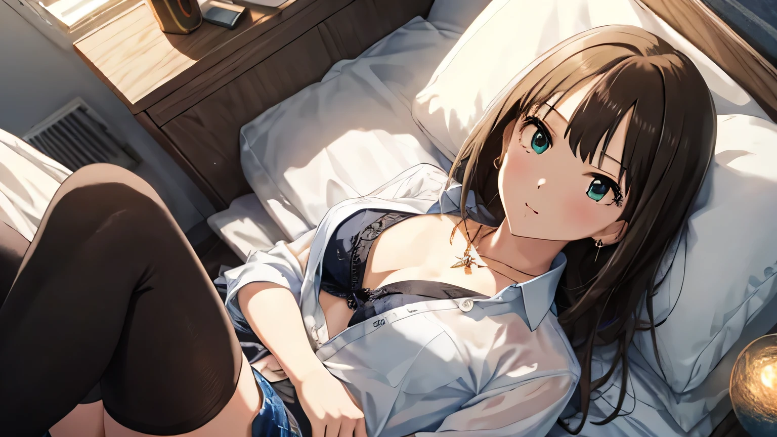 Masterpiece、first-class、Highest detail、Highest Resolution、detailed、1 person、Shibuya Rin、Redness、necklace、slender、Chest open shirt、stockings、Lying in bed、View from above