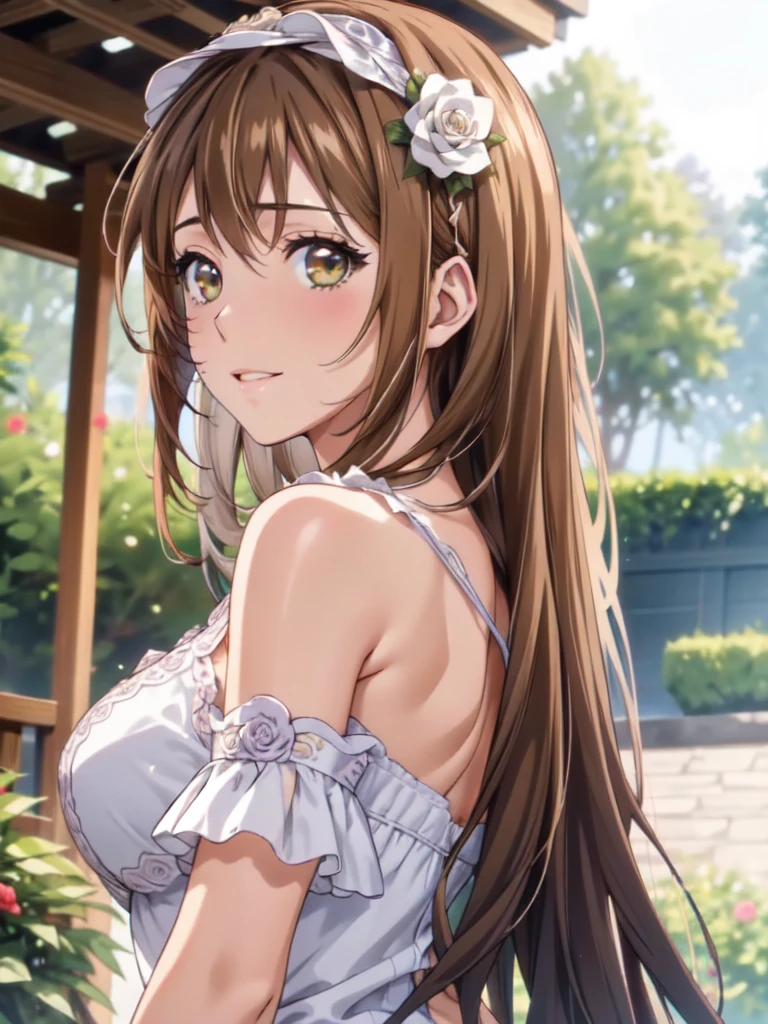 ayumumo, (masterpiece, Highest quality, beautifully、beautiful:1.3), (college age), One girl,alone, (Cute Smile:1.1), (Silvery brown hair with reddish brown streaks:1.4), (Gradient brown hair tip:1.6), hair, Ridiculously long hair, One side lock, ウェーブのかかったhair, 輝くhair, 浮かぶhair, (Deep Green Eyes), Delicate eyes, Green Eyes, Very beautiful eyes, Long upper eyelashes, Compensate, Focus on the face, Very detailed facial, Pretty face, Perfect breasts, Hot body, (Delicate skin texture:1.2), Bridal Veil, Lace Trim Dresses, See through, Wedding dress, Outdoor, White Rose, garden, morning, Are standing, Very detailed,Browsing Caution,