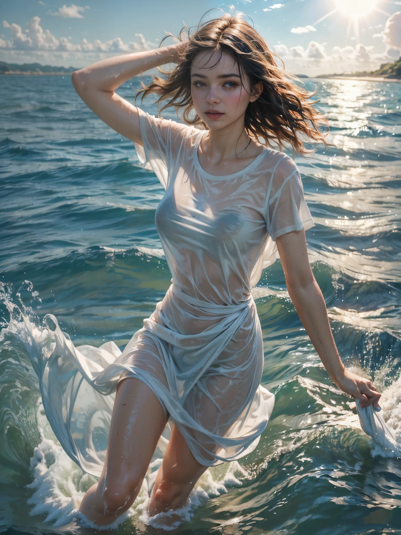 ((Best quality, 8k)), wet tshirt competition, jenya.d, soaked, wet clothing