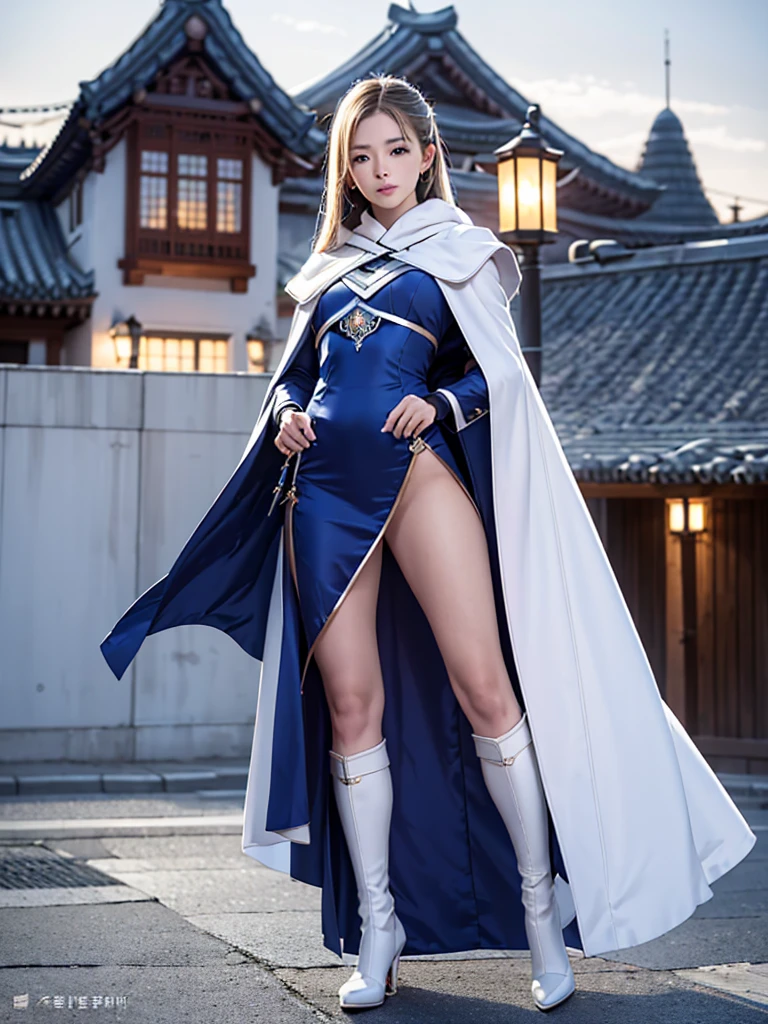 climbing a temple wall South korea women mystery hooded on with modern royal Blue coat with long and wide sleeves with buttons and royal Blue cape and very high white heel over the knee and white gloves, As she reveals a small secret hidden blade coming from his palm , adding to the character's mysterious and agile appearance, with small movements of air on the cape,, in summer at night under the rain,medieval south korea house. sophisticated and highly detailed, ultra hd, realistic, hyper detailed, enhanced colours, ultra sharp focus, with vibrant, rich in details High quality, gorgeous, captivating, 8k, super detailed, stunning shadows, detailed lines, ready to make a murder