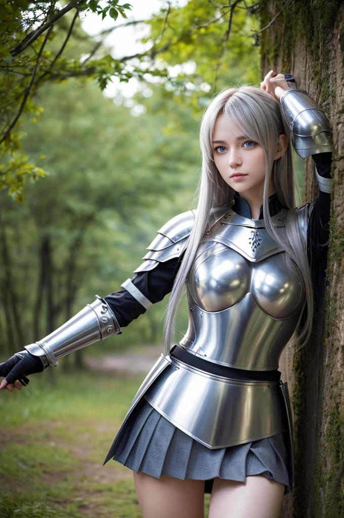 Waifu silver hair and blue eyes in armor and skirt she raises her leg you can see her panties and she points her bare feet towards you