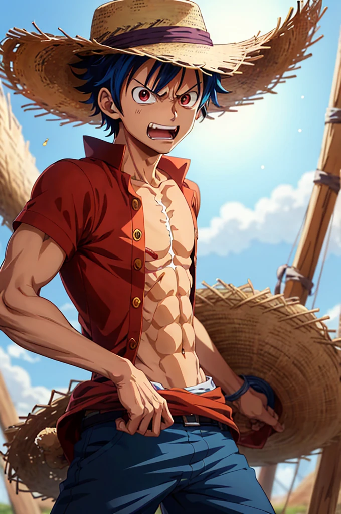 1boy, 1solo, ash ketchum, black hair, brown eyes, hair between eyes, ash ketchum, on beach, open hawaiian shirt, short sleeves, shirtless, male swimwear, wet hair, wet skin, sweat skin, handsome boy, macho, good looking boy, striking a pose
