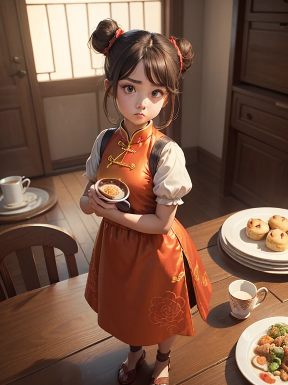 (work of art, highest quallity:1.2), Cartoon style character design, 1 girl, standing alone，eyes large，cute expression，Hair with two buns，chinese dress，Plates in both hands, There&#39;s a meat bun on top., Chinese restaurant