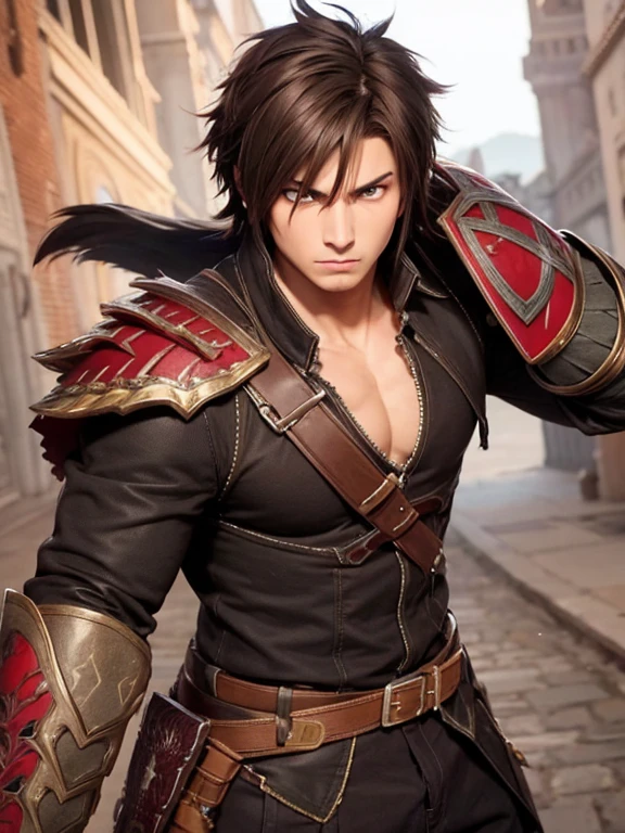 Brown hair, male, Red eyes, serious expression, monster hunter style, hand sword, Ruffian, High details