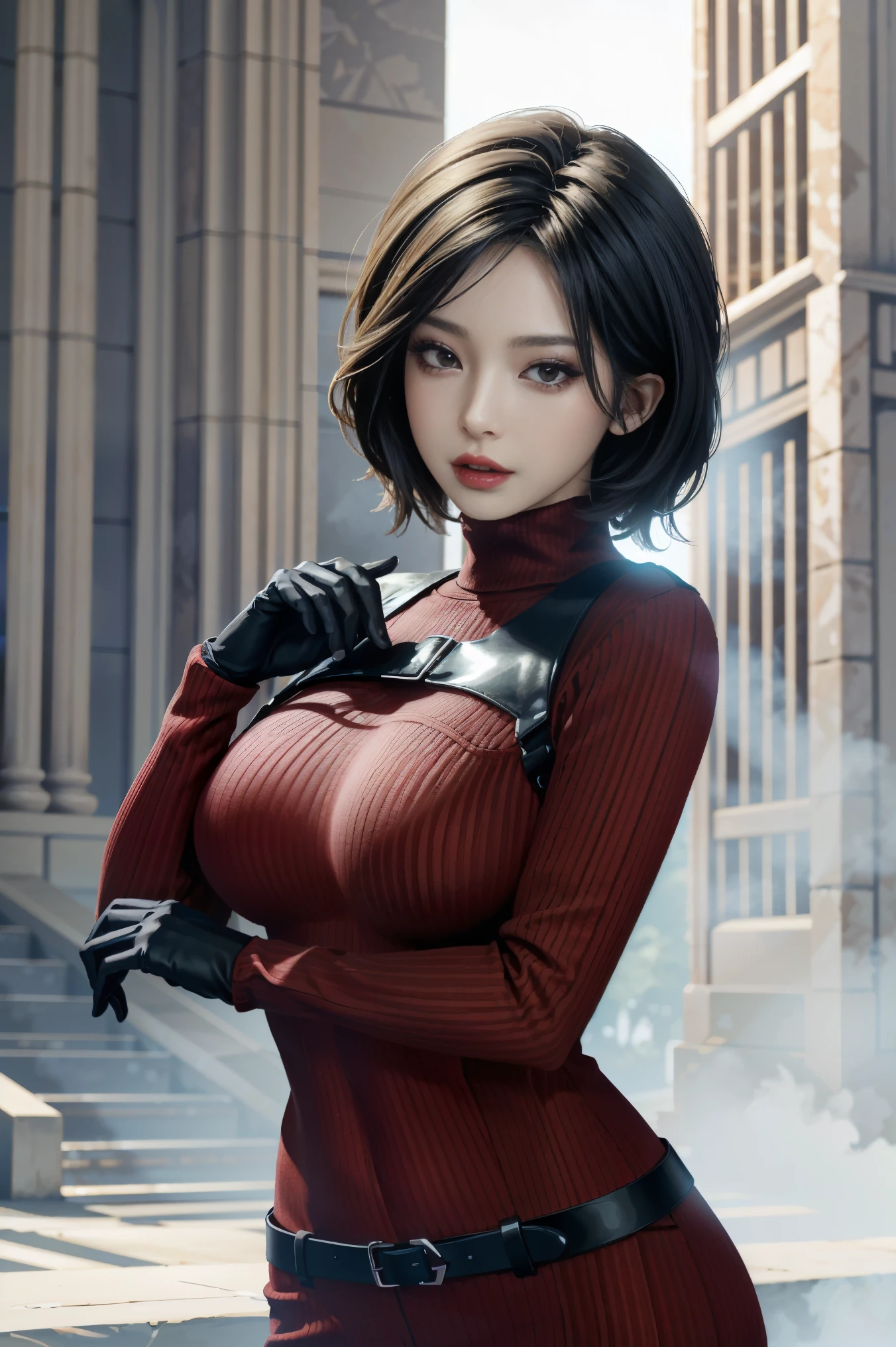 (masterpiece, Best quality) AdaWongRE, 1girl, Only, breasts, looking at viewer, Short hair, big breasts, black hair, Gloves, brown eyes, multi-colored hair, belt, two-tone hair, Stop you, Lips, bodysuit, makeup, Lipstick, ribbed Stop, Realistic