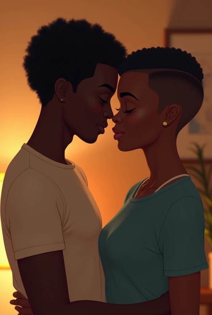 score_9, score_8, score_7, girl, 1boy, vaccum fellatio, ruined makeup, tears, side view, interracial, afro girl, (puffy lips:1.4), blush on face, hearts, motion lines, blurred background.