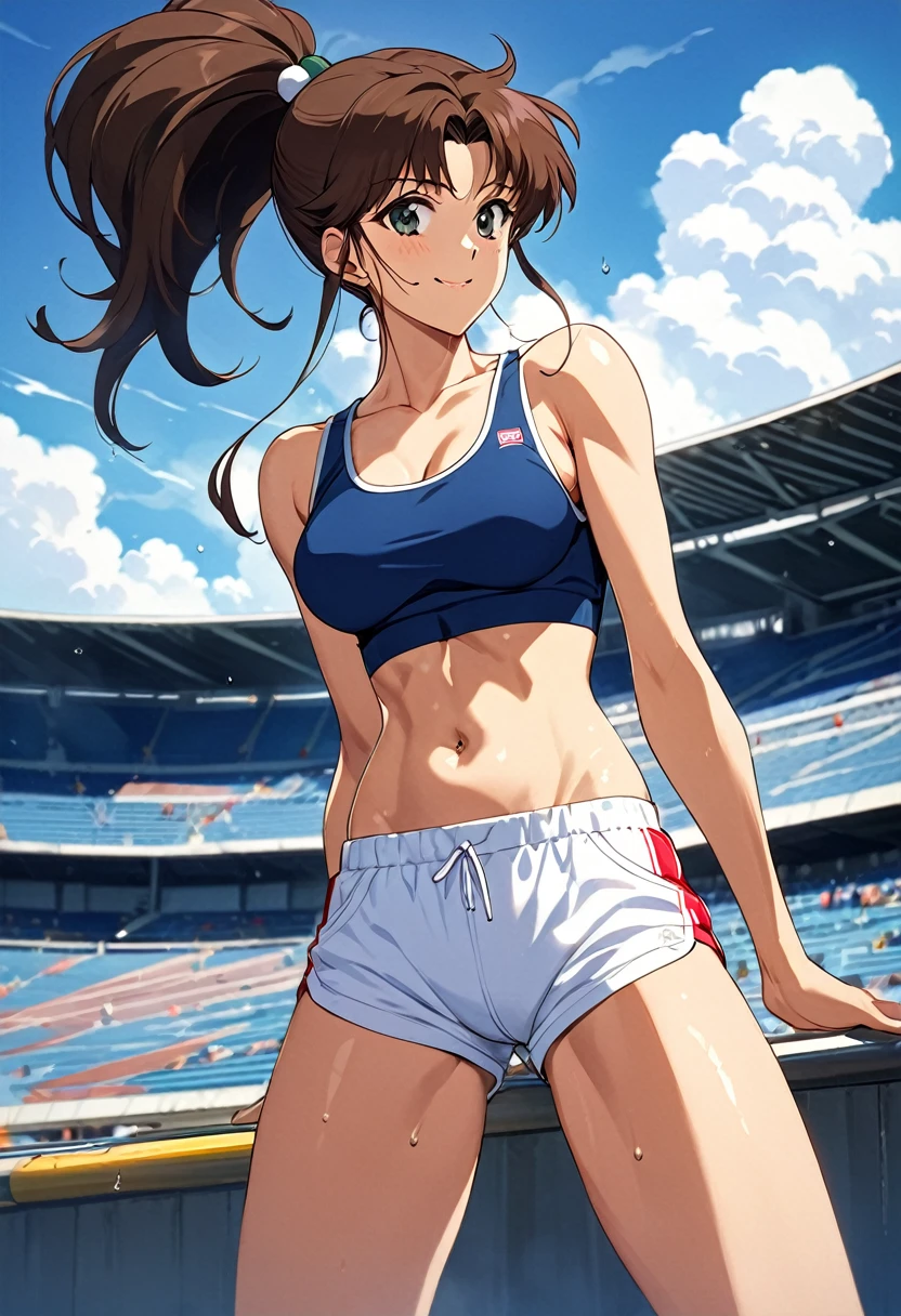 masterpiece, Highest quality, High resolution, (Makoto　Evil),1990s \(style\),(E-cup beautiful breasts)、 (tall:1.2),height: 175cm,Fashion model body type、Sexy long legs,track and field athlete,Short tank top,Short bloomers,Belly button、Abdominal muscles、Sweating all over the body、vapor、Muscular、(sexly)、1girl,fullbody,nsfw,A refreshing smile、(vulgarity)、Anime-style painting style,Brown Hair、Ponytail Hair、Composition focusing on the upper body,Cinematic lighting,Superfine,magnificent view、The background is an athletics stadium、blue sky