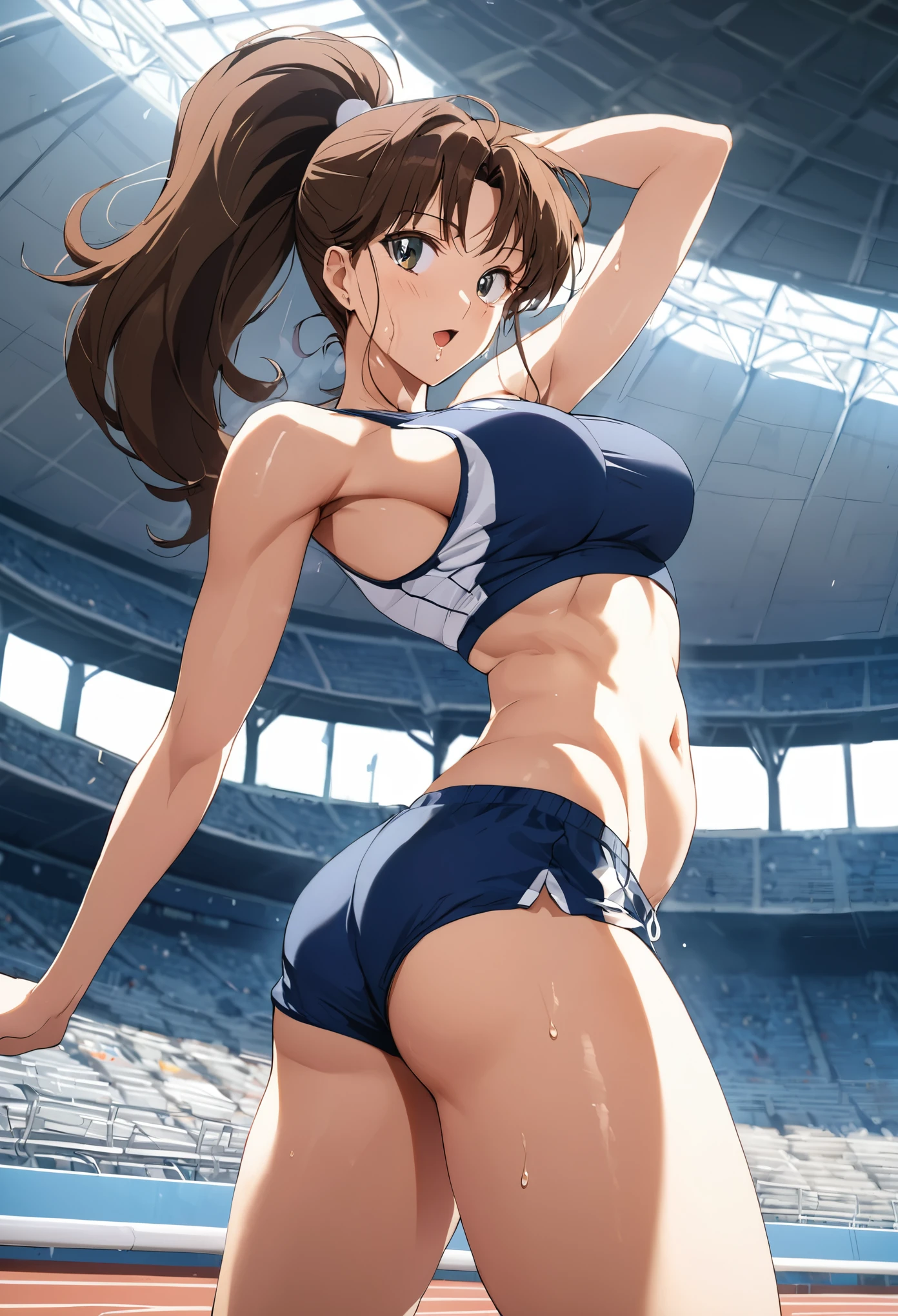 masterpiece, Highest quality, High resolution, (Makoto　Evil),1990s \(style\),(E-cup beautiful breasts)、 (tall:1.2),height: 175cm,Fashion model body type、Sexy long legs,track and field athlete,Short tank top,Short bloomers,Belly button、Abdominal muscles、Sweating all over the body、vapor、Muscular、(sexly)、1girl,fullbody,nsfw,Ahegao、｛vulgarity｝、Anime-style painting style,Brown Hair、Ponytail Hair、Cinematic lighting,Superfine,magnificent view、The background is an athletics stadium、blue sky、dynamic angle,wide shot,Open leg pose