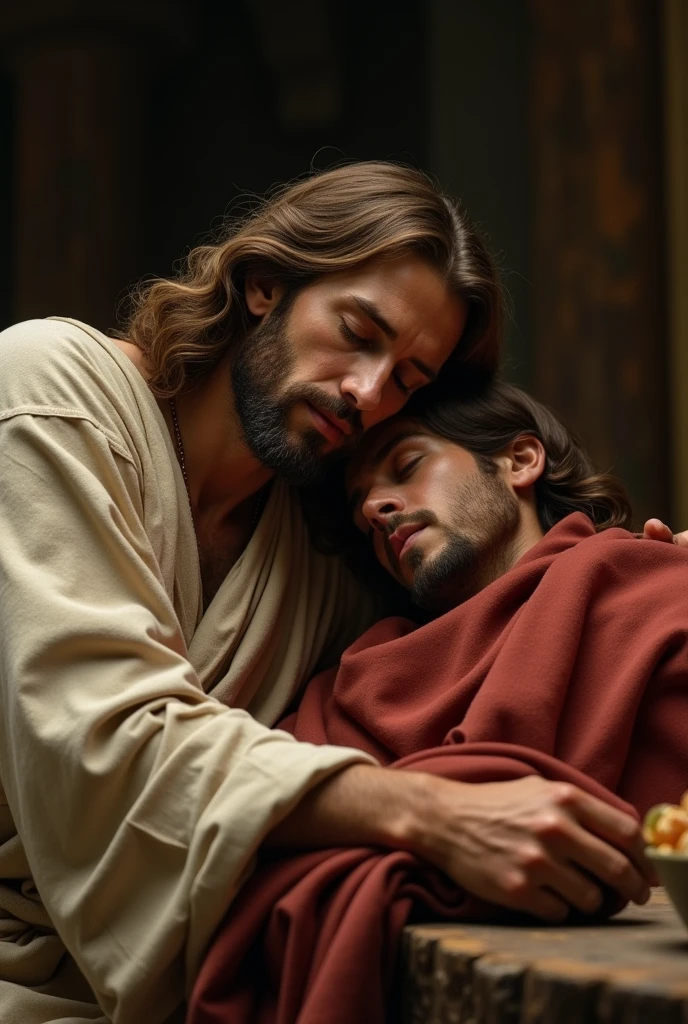 "Create an intimate scene of comfort where a holy figure, their face hidden by a radiant light, embraces an injured man. The figure wears a beige robe and a green shawl, while the injured man, with a bruised face, rests in their arms. The background should be soft, using earthy tones to highlight the divine and serene nature of the encounter."

