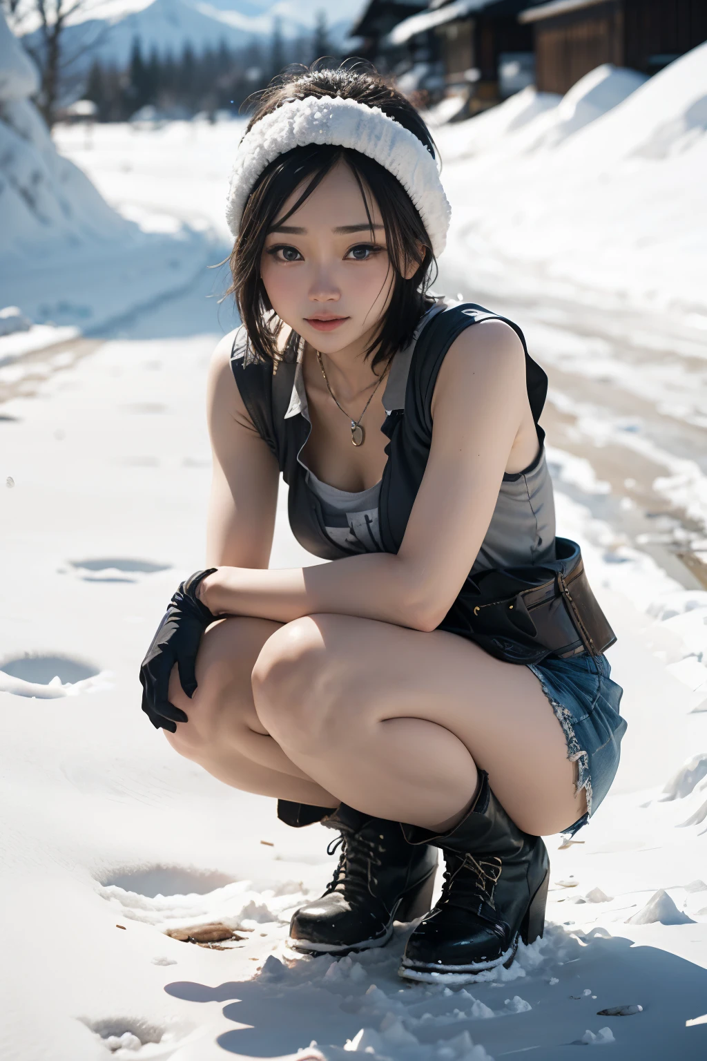 Top image quality、Very high resolution、table top、Photo quality(photographic realistic:1.8)、pores、precision、realistic skin textures、（beautiful hands）、（skinny legs）、japan women、 18 years old、front、short hair、A brunette、Girl with a cute smile、thin girl、chest、flat chest、Squatting on a snowy road、I put a chain on my car tire、 、short boots、Wear work gloves、Beautiful snow、There's a little snow on the head、