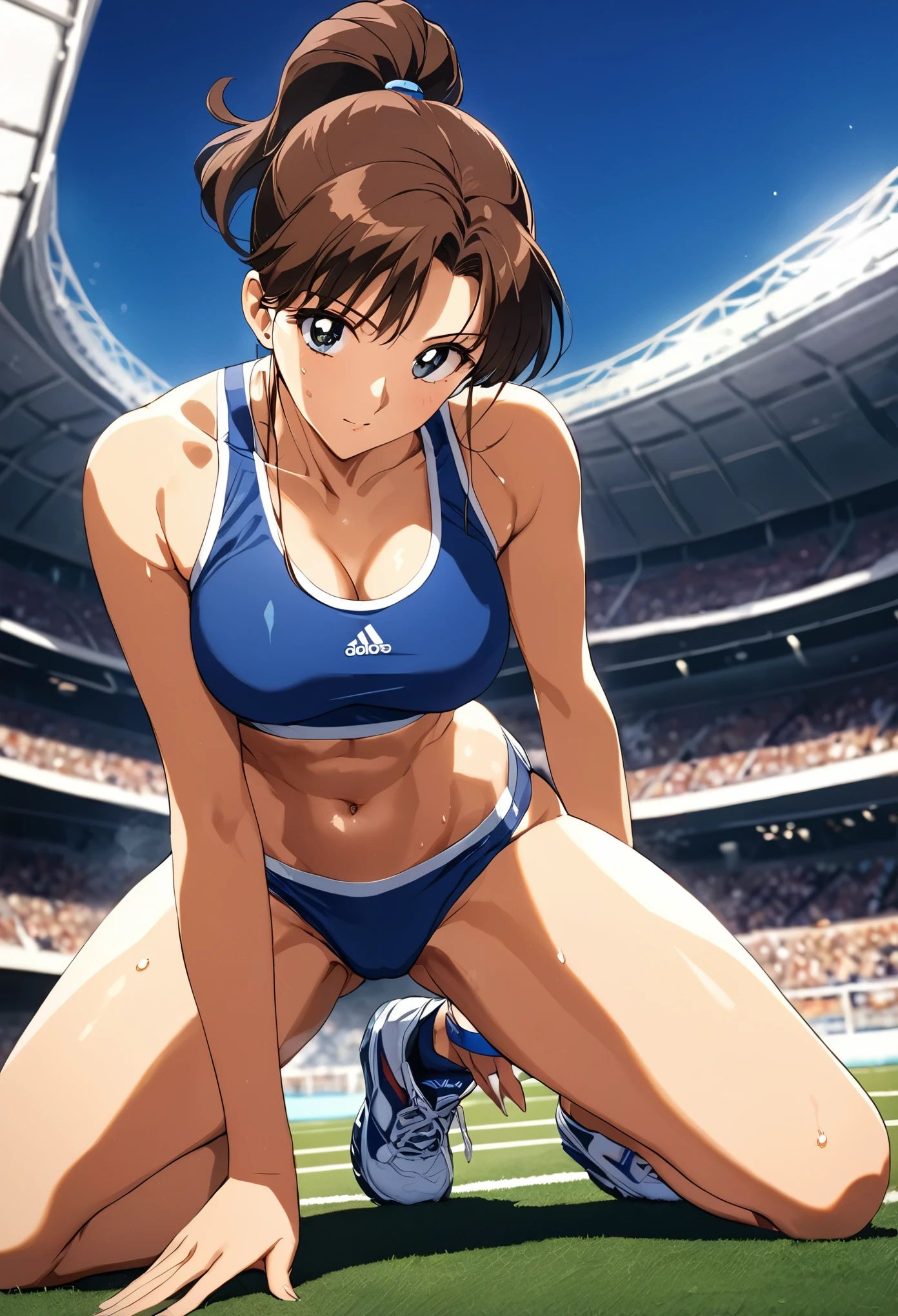 masterpiece, Highest quality, High resolution, (Makoto Evil),1990s \(style\),(E-cup beautiful breasts)、 (tall:1.2),height: 175cm,Fashion model body type、Sexy long legs,track and field athlete,Short tank top,Short bloomers,Belly button、Abdominal muscles、Sweating all over the body、vapor、Muscular、(sexly)、1girl,fullbody,nsfw,Face writhing in pleasure、(vulgarity)、Anime-style painting style,Brown Hair、Ponytail Hair、Cinematic lighting,Superfine,magnificent view、The background is an athletics stadium、blue sky、dynamic angle,wide shot,Open leg pose