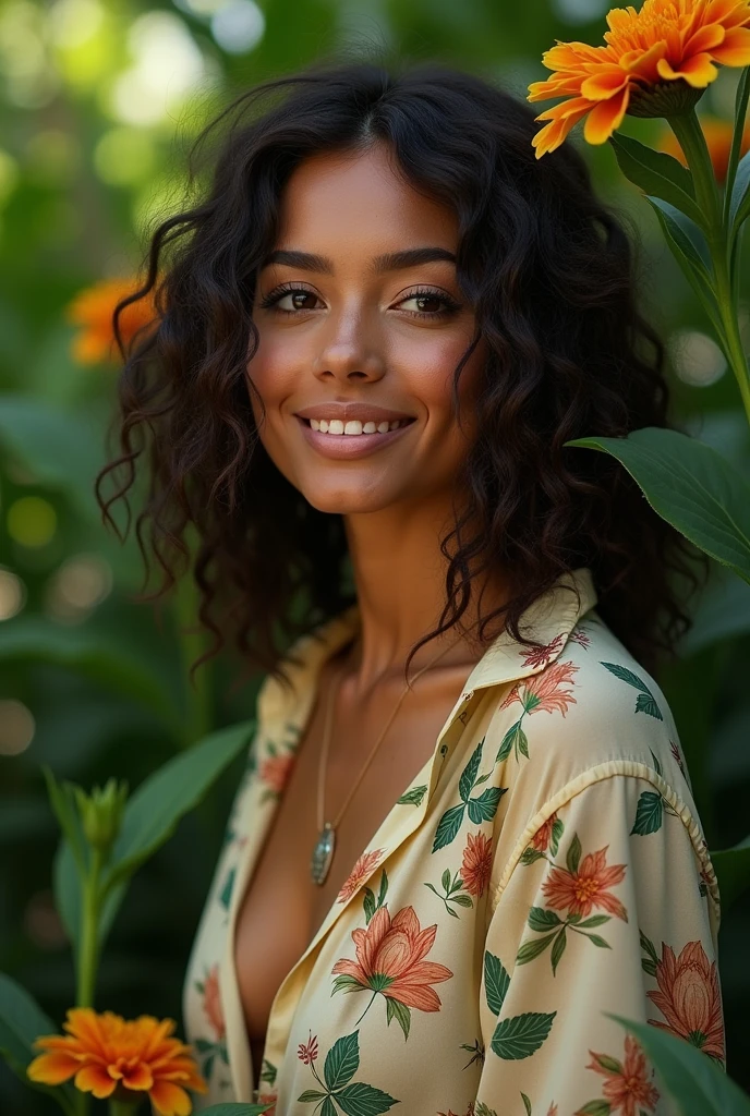 A Brazilian woman in a lush tropical garden, wearing an open shirt with a floral print, with a close-up capturing the harmonious beauty between her breasts and the natural flowers, showing off your natural charm and outgoing personality.