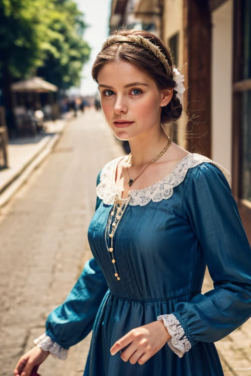 (medium full shot) of (regal young woman from the tudor era), canadian, pale skin, light Blue eyes, slim build, short brown bangs hair, wearing a silver grey empire waist dress with brocade patterns, ankle boots with buckles, kohl eyeliner, bracelet with intricate designs, jeweled belt, set in the tudor era, in a formal Tudor garden, with neatly trimmed hedges, colorful flower beds, elegant statues, a central fountain, at night, woman smiling, ,Masterpiece,best quality, photo, realistic, very aesthetic, detailed face,