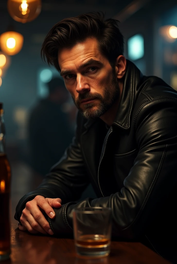 A tall man, brawny, with about 1,90 tall, wearing black leather, long sleeves, medium hair cut in surfer style, made your face strong, serious and seductive but enigmatic. Has blue eyes like a Siberian Husky, a little bright, well-defined lips and a goatee around the mouth and chin, wears black leather pants and a motorcycle jacket, is about 40 years old, but he seems to be a strong man, Steady, without being effeminate. The scene where he is sitting in a biker bar, drinking vodka and smoking a cigar, has a dangerous air and a sneer. Add a tattoo to your left temple.