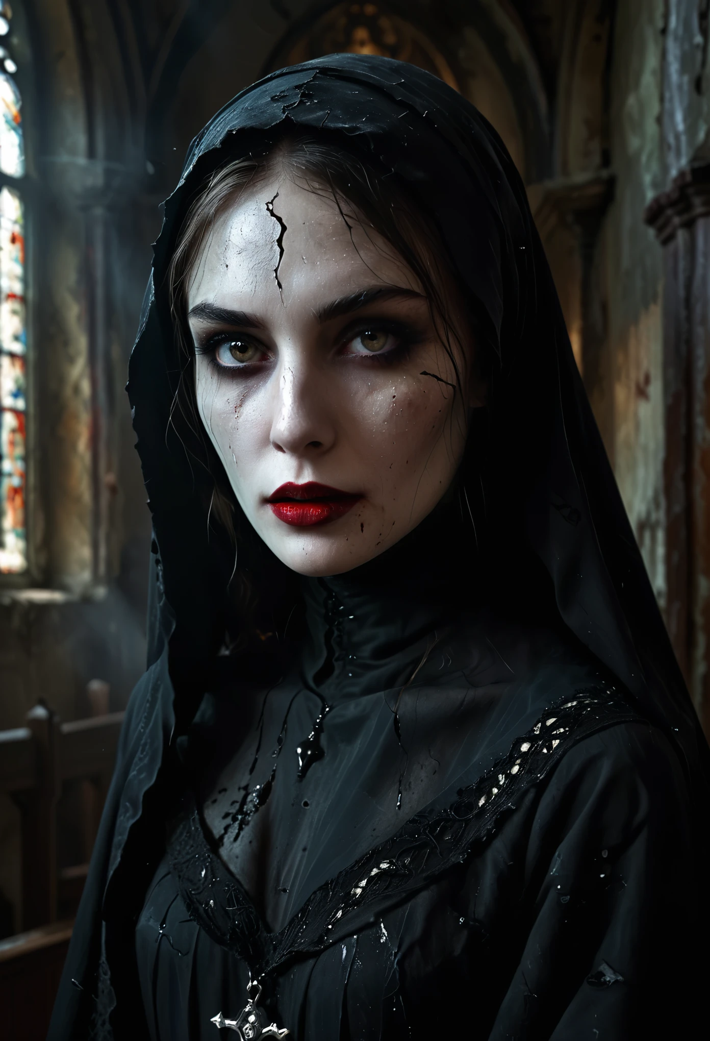 (dark, mysterious) figure in a (creepy, abandoned) church, (ominous lighting) highlighting the (sinister, twisted) expression on her face. She is wearing a (tattered, black) robe with (torn, white) lace details. The (haunting, hauntingly beautiful) eyes are glowing with an (evil, otherworldly) intensity, while her (cracked, blood-red) lips form a wicked smile. The painting showcases an (intricate, detailed) portrayal of the nun, capturing every (wrinkle, fold, and texture) with (ultra-detailed precision). The overall atmosphere exudes (horror, gothic) vibes, with (eerie shadows) dancing in the background. The (highres, photorealistic) artwork captures the essence of the possessed nun, giving it the appearance of a (masterpiece:1.2) straight out of a (horror movie).