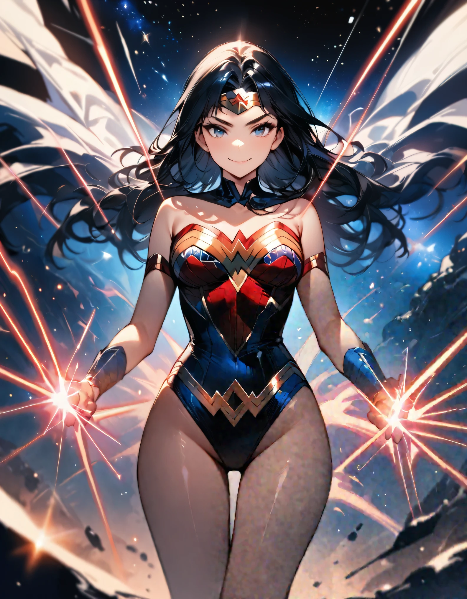 (best quality), (masterpiece), (hires), Wonder Woman, solo, solo focus, leotard, bare legs, boots, standing, hands on hip, space backdrop, looking at viewer, smile, powering up, diffraction spikes, light particles, full body with costume, full body shot, cowboy shot, fix hands