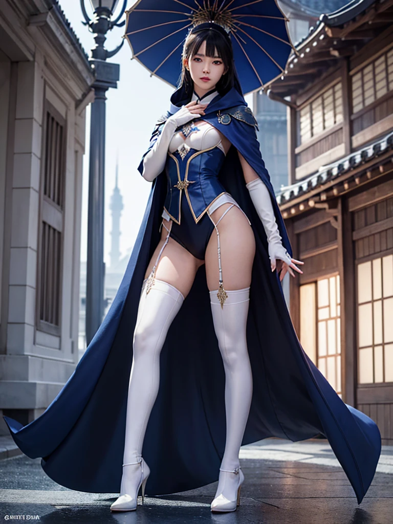South korea assassin women mystery hooded on with modern royal Blue coat with long and wide sleeves with buttons and royal Blue cape and very high white heel over the knee and white gloves, As she reveals a small secret hidden blade coming from his palm , adding to the character's mysterious and agile appearance, with small movements of air on the cape, jump from roof to roof, in summer at night under the rain,medieval south korea house. sophisticated and highly detailed, ultra hd, realistic, hyper detailed, enhanced colours, ultra sharp focus, with vibrant, rich in details High quality, gorgeous, captivating, 8k, super detailed, stunning shadows, detailed lines, blood stain on coat and gloves, corpses in the street recently murdered