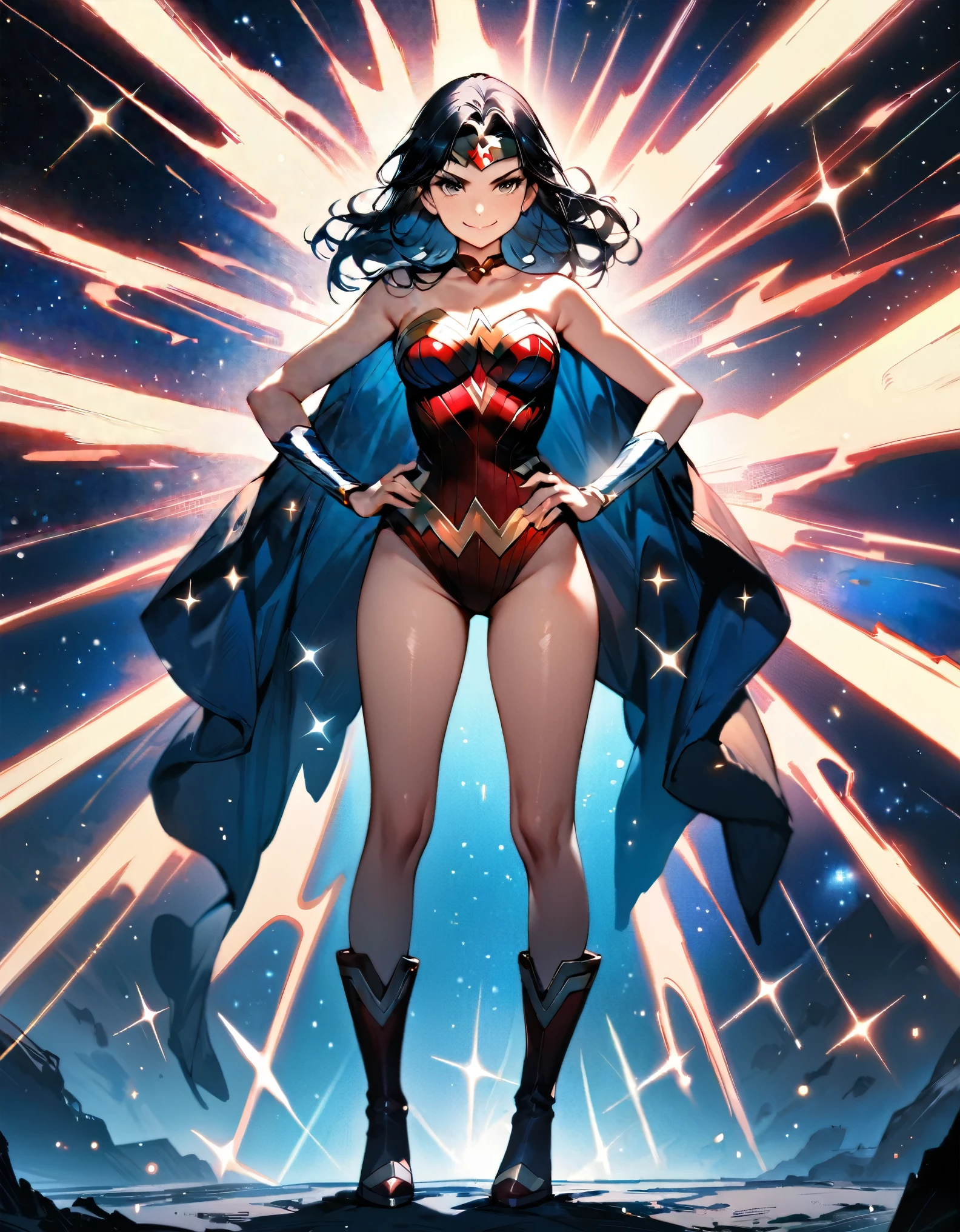 (best quality), (masterpiece), (hires), Wonder Woman, solo, solo focus, leotard, bare legs, boots, standing, hands on hip, space backdrop, looking at viewer, smile, powering up, diffraction spikes, light particles, full body with costume, full body shot, cowboy shot, fix hands