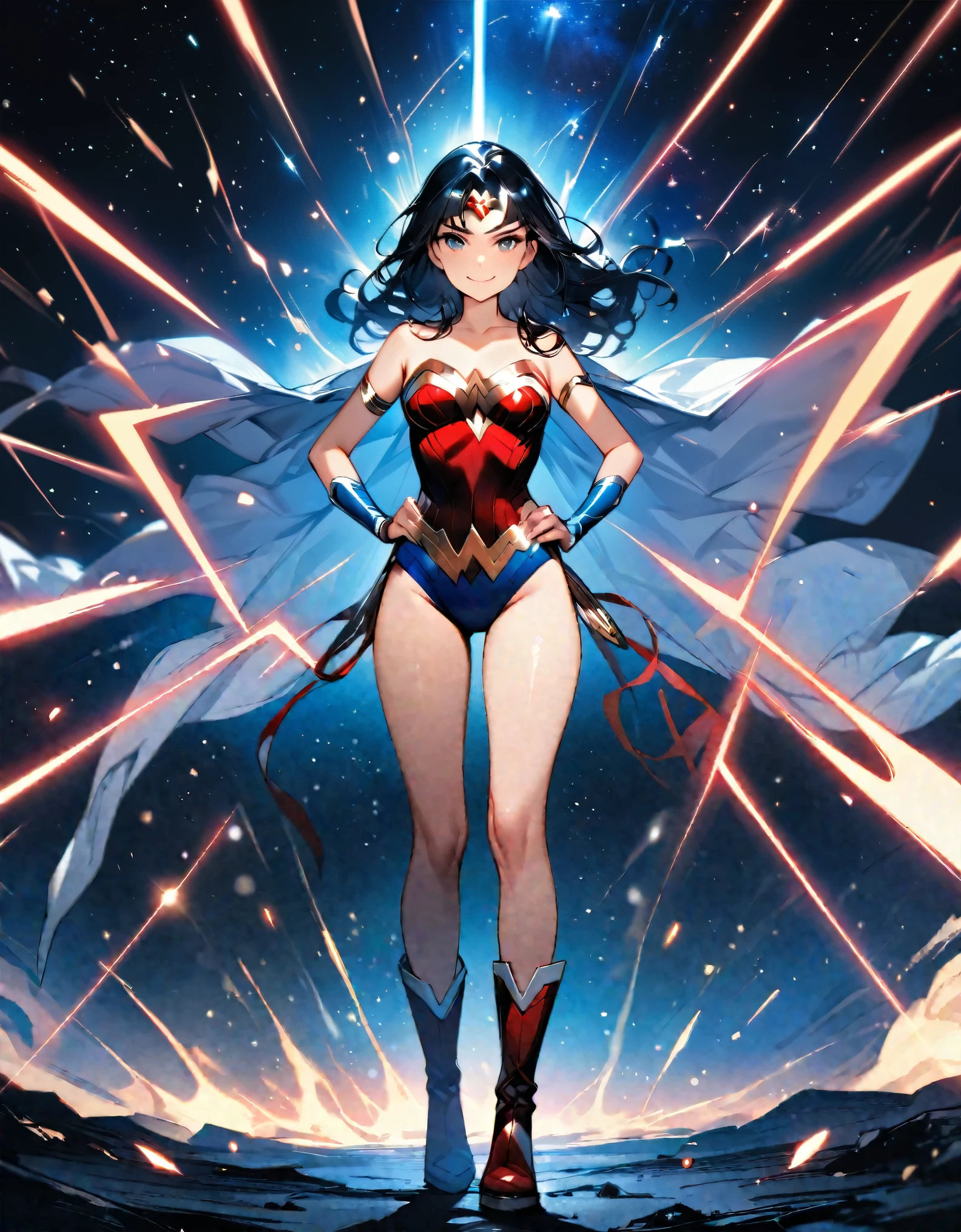 (best quality), (masterpiece), (hires), Wonder Woman, solo, solo focus, leotard, bare legs, boots, standing, hands on hip, space backdrop, looking at viewer, smile, powering up, diffraction spikes, light particles, full body with costume, full body shot, cowboy shot, fix hands