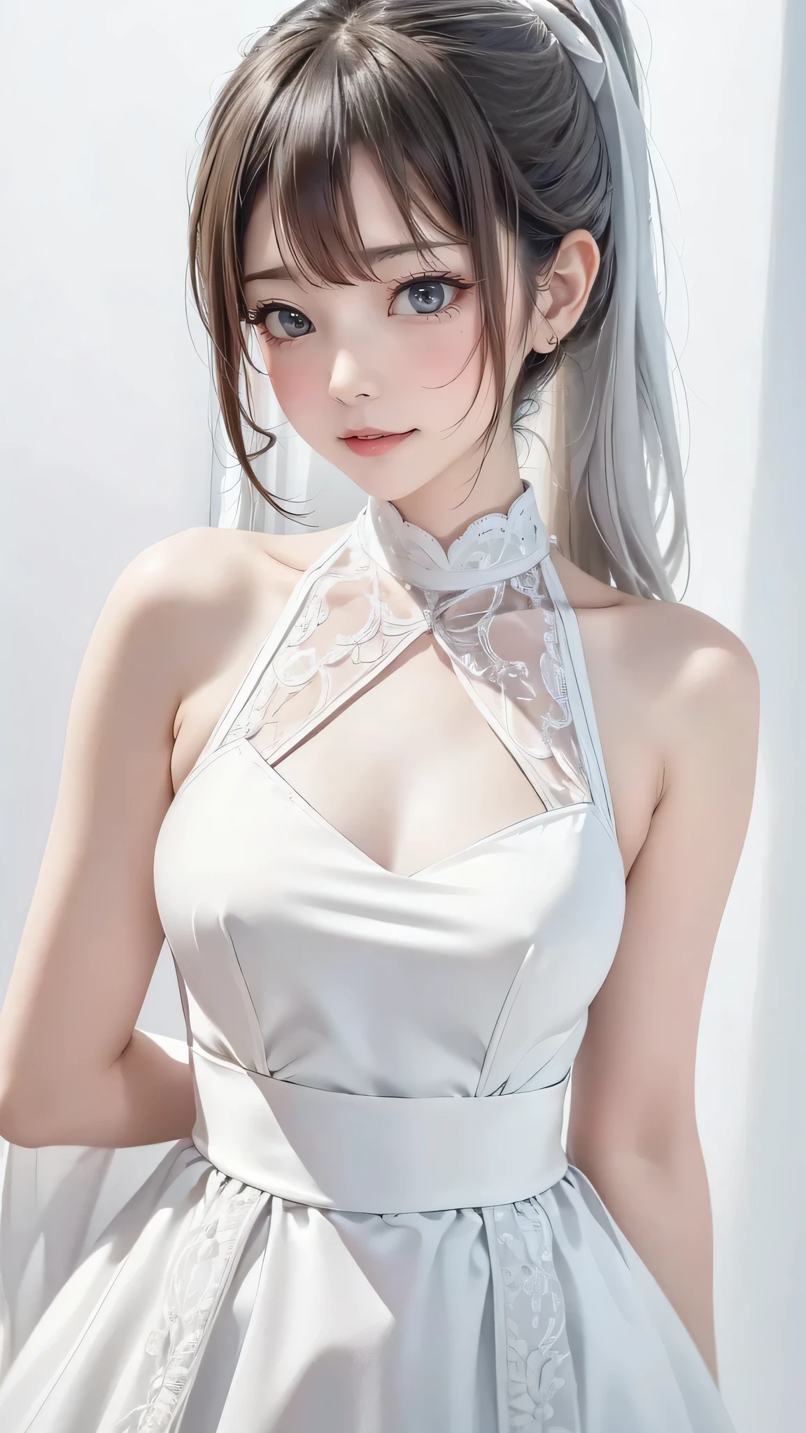 (((film grain、RAW photo)))、one girl、cute face、plump lips、Beautiful silver hair、Clear gray eyes、ponytail、短い髪のponytail、white long dress、poncho-like dress、small breasts、small breast bulge、(((White world、pure white background、A world of silence)))、highest quality、ultra high resolution、Highest image quality、master piece、８k、small nose medium depth of field, photographed on a Canon 5D, 50mm lens, f/4 aperture, (very detailed, intricate details), sharp focus, calm colors, 8K、confused, 8mmfilm grain、