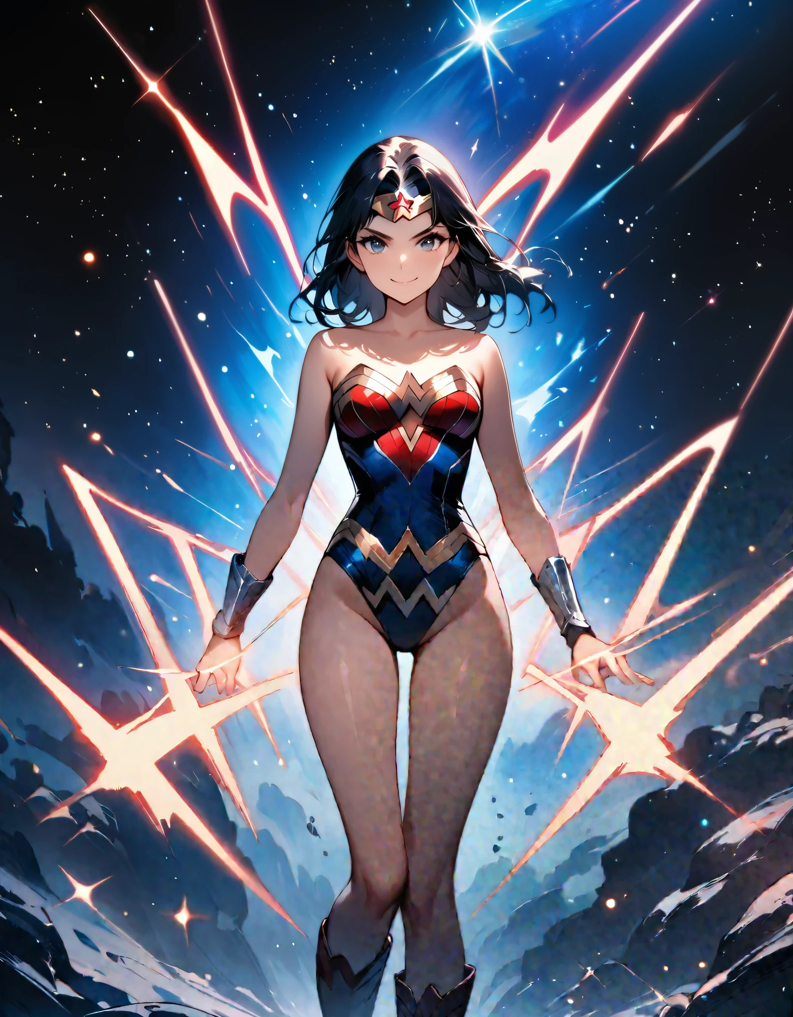 (best quality), (masterpiece), (hires), Wonder Woman, solo, solo focus, leotard, bare legs, boots, standing, hands on hip, space backdrop, looking at viewer, smile, powering up, diffraction spikes, light particles, full body with costume, full body shot, cowboy shot, fix hands