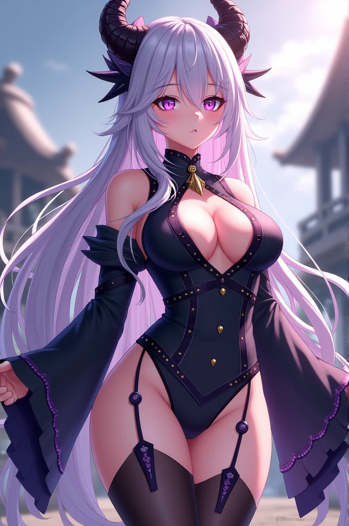 masterpiece, best quality, 1girl, tomoe gozen, torino style, glowing red eyes, smug smile, hair between eyes, silver long hair, elf, oni horns, dress, stockings, high boots, bare back