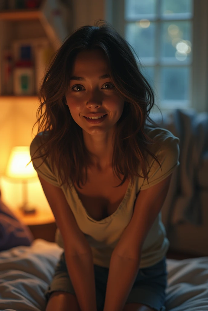 A very low light bedroom, king size bed, a woman in night clothes, she is going to sleep, brown hair, looking the camera, sexy smile, it's midnight, lights off