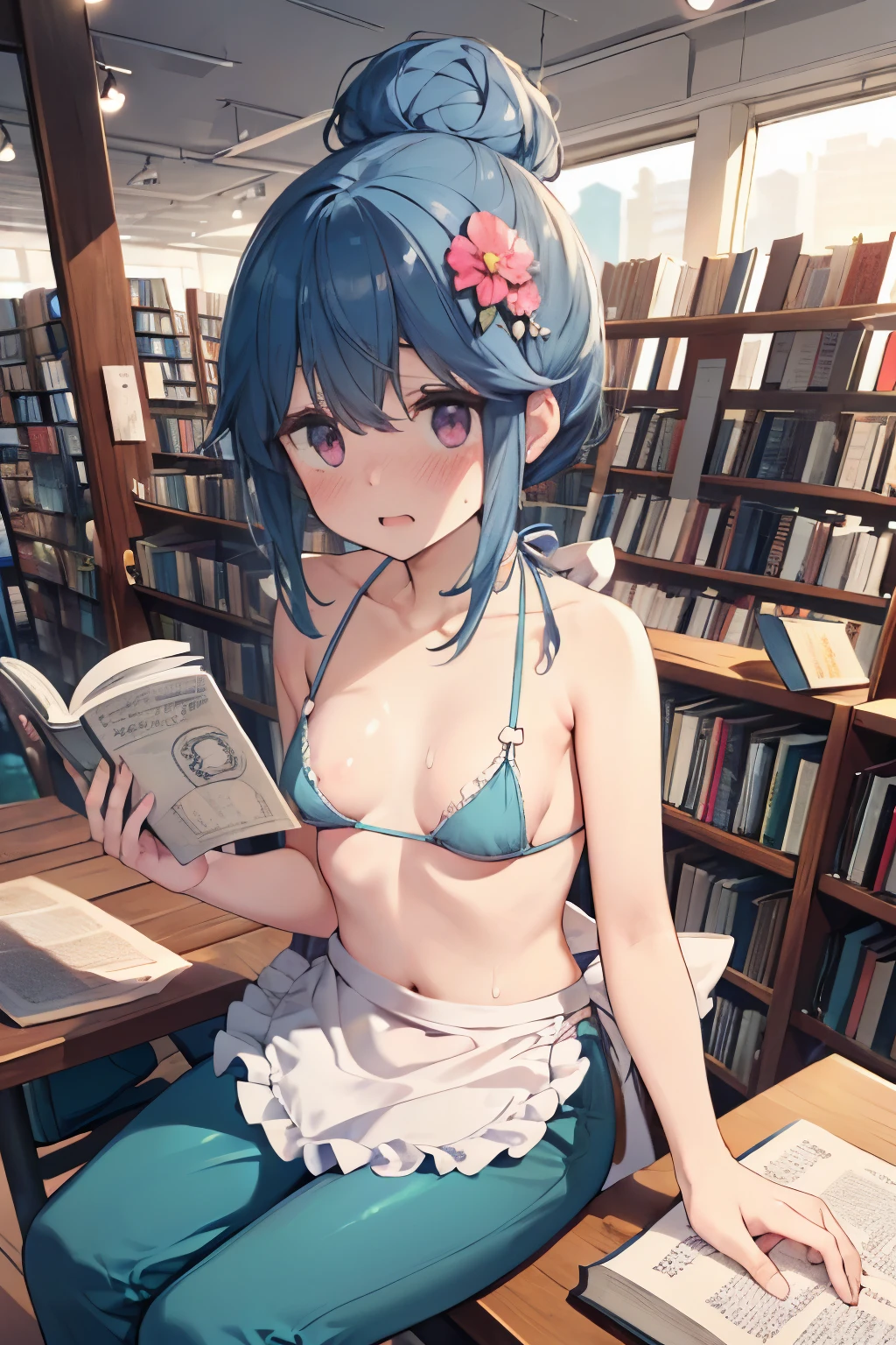 ((((nsfw)))), (((book store))), (((apron))), Close-up of face, bookstore, Hold the book, indoor, Chair, Sit down, Spread your legs,  Hide your chest, Shima Rin, yuru camp, Shima Rin, ((Waking up, Feeling overlaid)), kawaii, ****, small breast, (Gorgeous floral hair ornament), , Sideboob, Swim ring,  (((Light blue bikini, Ruffled swimwear bra, Ruffled bikini pants, panties))), Detailed depiction of nipples,  , cute, Sweat, (masterpiece, Highest quality, 8K ultra-high resolution:1.4), Written boundary depth, Focus of the film, From a dramatic angle, Emotional composition, Emotional engine full throttle BREAK Young and cute, Slender body, Flat Chest, Provocative, ((Embarrassed face)), Expressions of affection, Highly detailed glossy skin,Sweat,  topless, Exposed breasts, Shorts, Wet and shiny thighs,
ultra detailed crystal eyes, Eyes like shining jewels