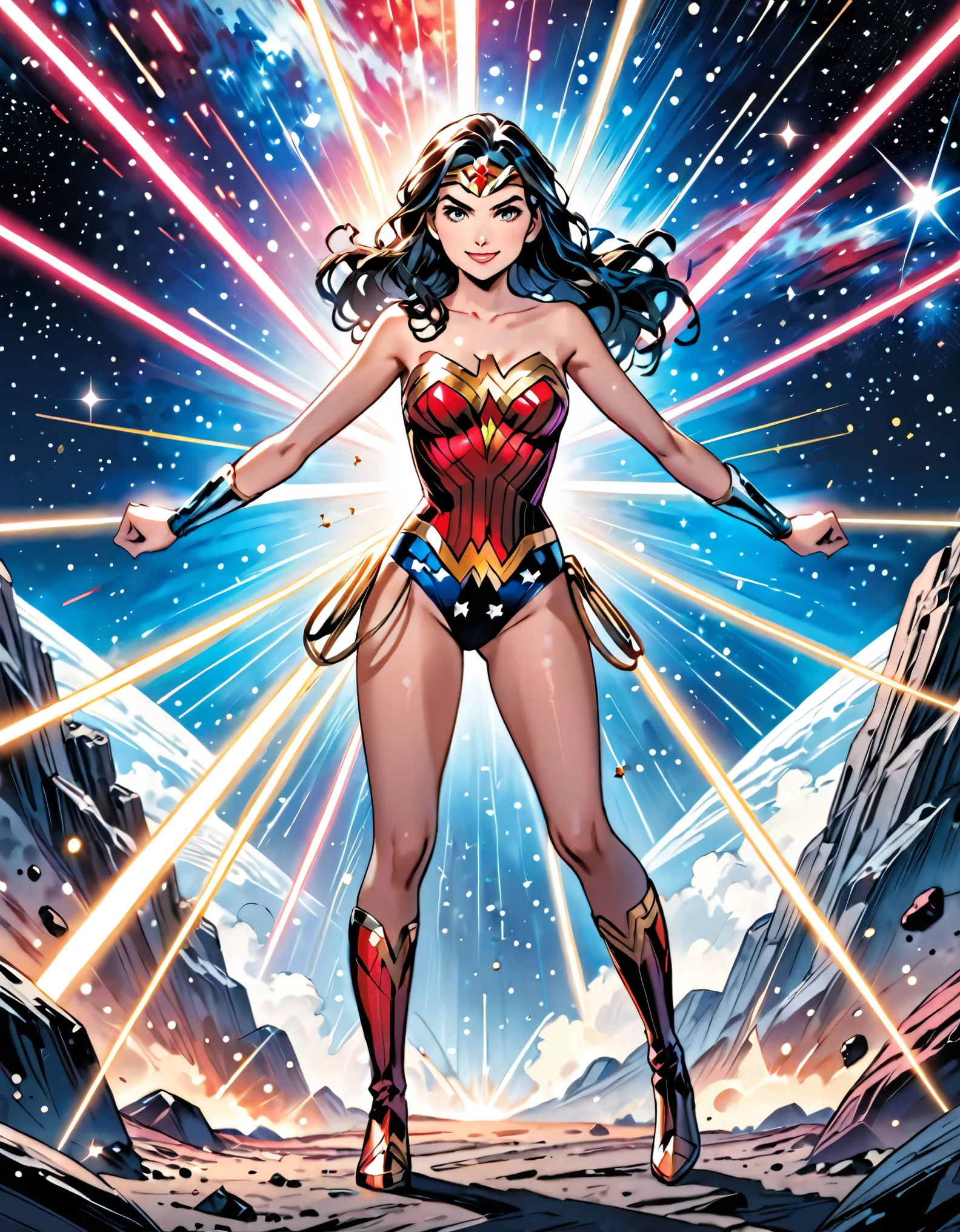 (best quality), (masterpiece), (hires), Wonder Woman, solo, solo focus, leotard, bare legs, boots, standing, hands on hip, space backdrop, looking at viewer, smile, powering up, diffraction spikes, light particles, full body with costume, full body shot, cowboy shot, fix hands