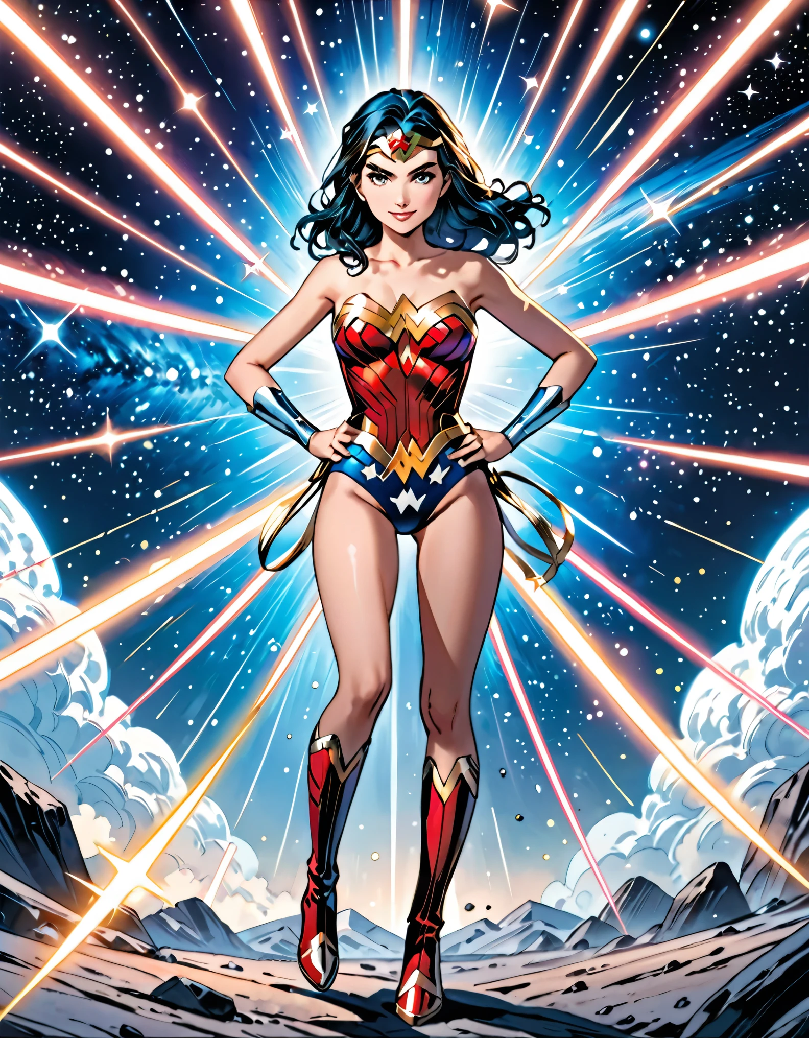 (best quality), (masterpiece), (hires), Wonder Woman, solo, solo focus, leotard, bare legs, boots, standing, hands on hip, space backdrop, looking at viewer, smile, powering up, diffraction spikes, light particles, full body with costume, full body shot, cowboy shot, fix hands