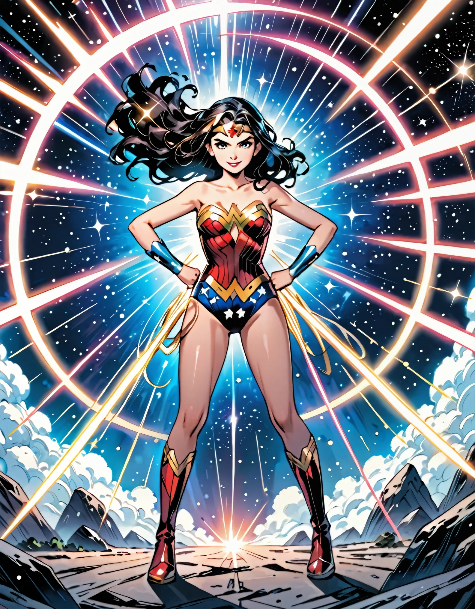 (best quality), (masterpiece), (hires), Wonder Woman, solo, solo focus, leotard, bare legs, boots, standing, hands on hip, space backdrop, looking at viewer, smile, powering up, diffraction spikes, light particles, full body with costume, full body shot, cowboy shot, fix hands