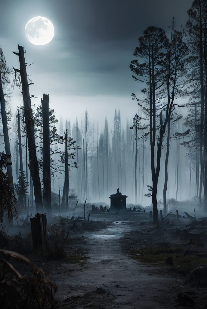 A dark and gloomy night, with the moon partially covered by dense clouds, faintly illuminating a desolate forest. In the center, the well of worn stone, surrounded by marks of blood running down the edges. Beside the well, Samara, a ghostly figure with wet black hair covering her face, wears a dirty, torn white dress. The surrounding atmosphere is oppressive, with twisted trees and low-lying fog covering the ground, giving a sense of despair and terror.